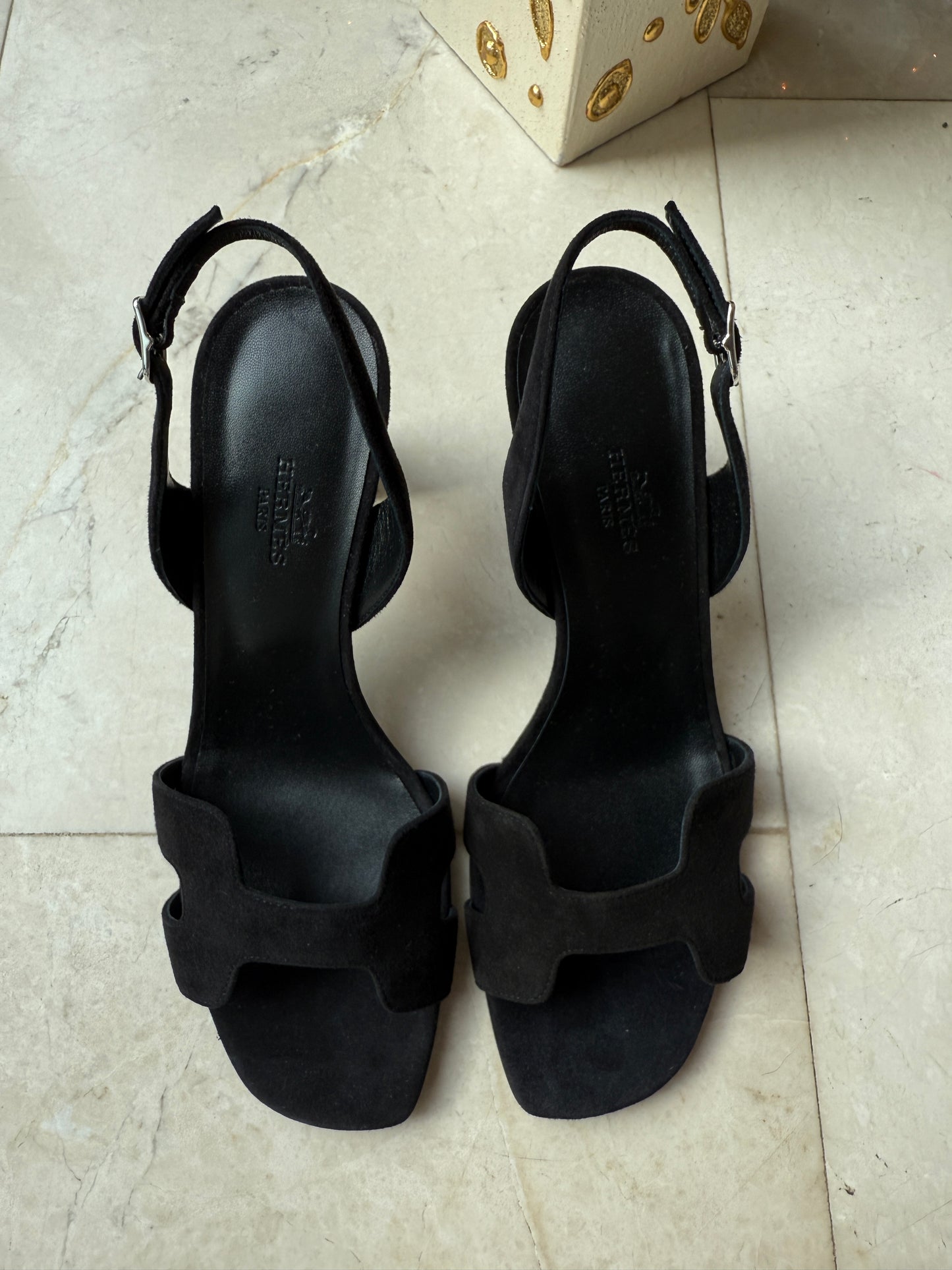 HERMES ETERNITE 80 SANDALS BLACK SUEDE LEATHER HIGH HEELS SLINGBACK SHOES