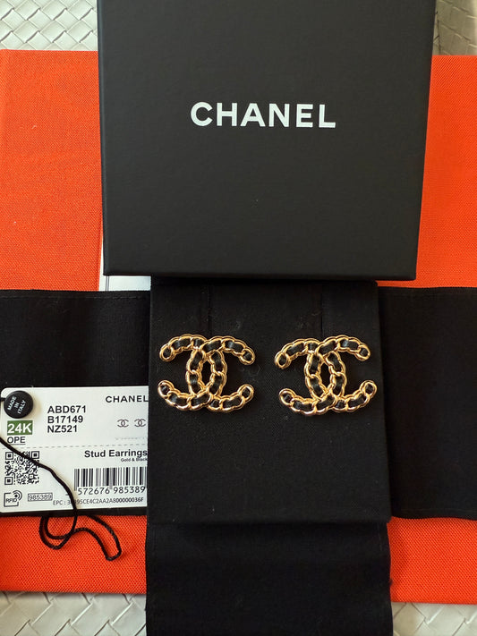 Chanel Black Lambskin Leather Chain Gold CC Logo Earrings Studs