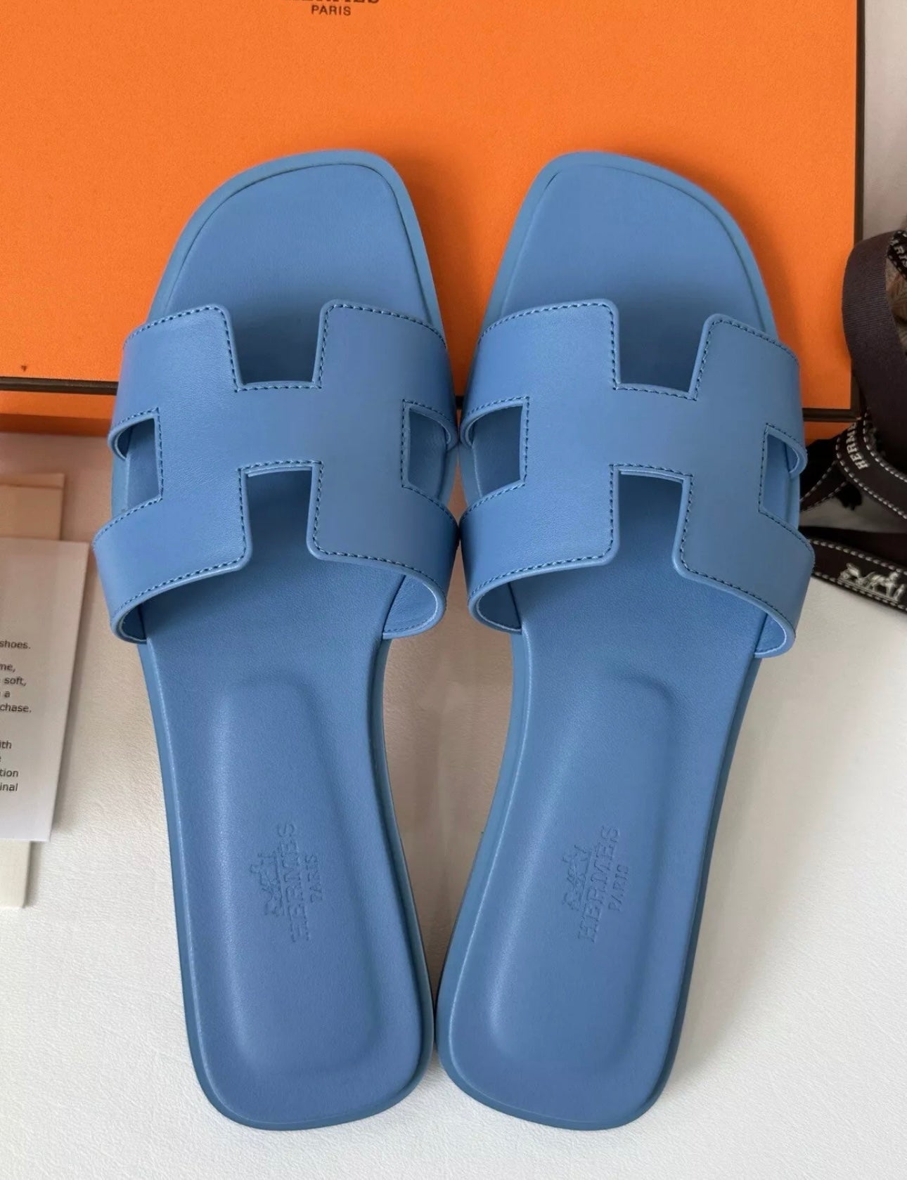 HERMES H ORAN SANDALS BLUE CAMEO SMOOTH LEATHER SHOES FLAT SLIDES