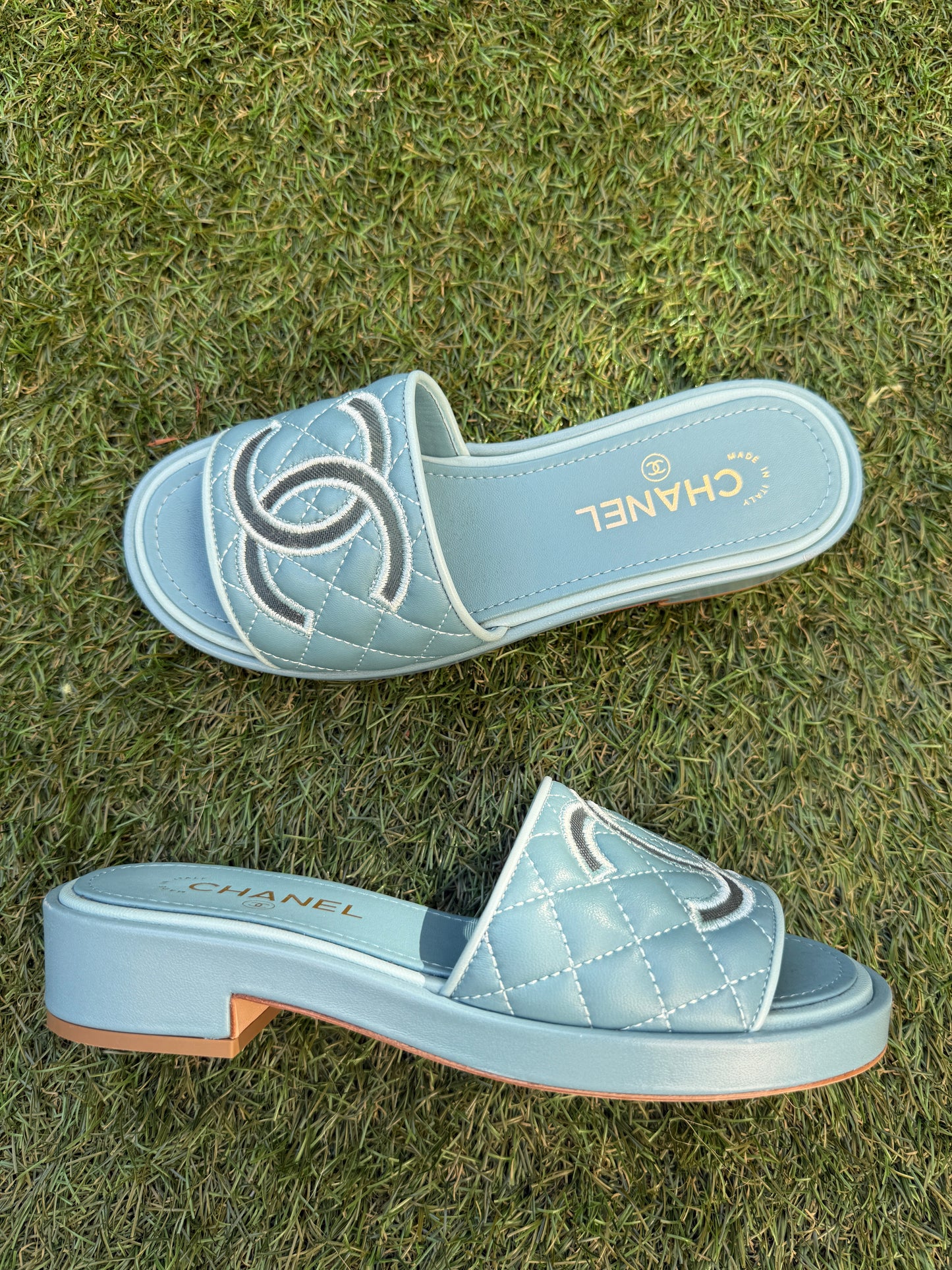 CHANEL CC LOGO BLUE MESH LIGHT TEAL FLAT SLIDES SANDALS MULES