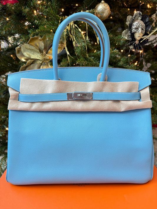 Hermes Birkin 35 Blue Celeste Candy Epsom Leather Palladium Hardware Pre-Owned Handbag Bag