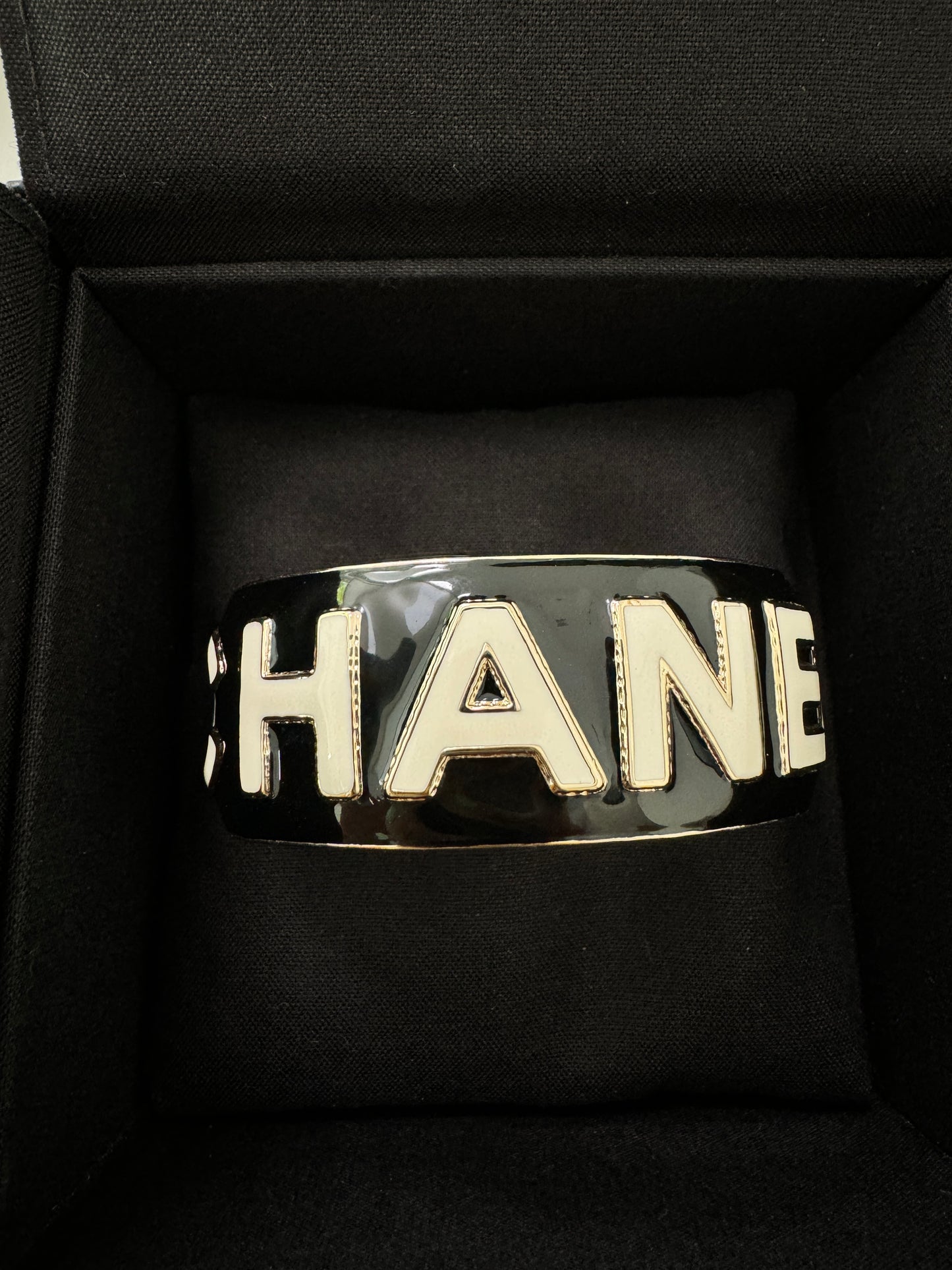 CHANEL 22A ENAMEL BLACK WHITE GOLD  METAL CUFF LOGO LARGE BANGLE BRACELET SMALL