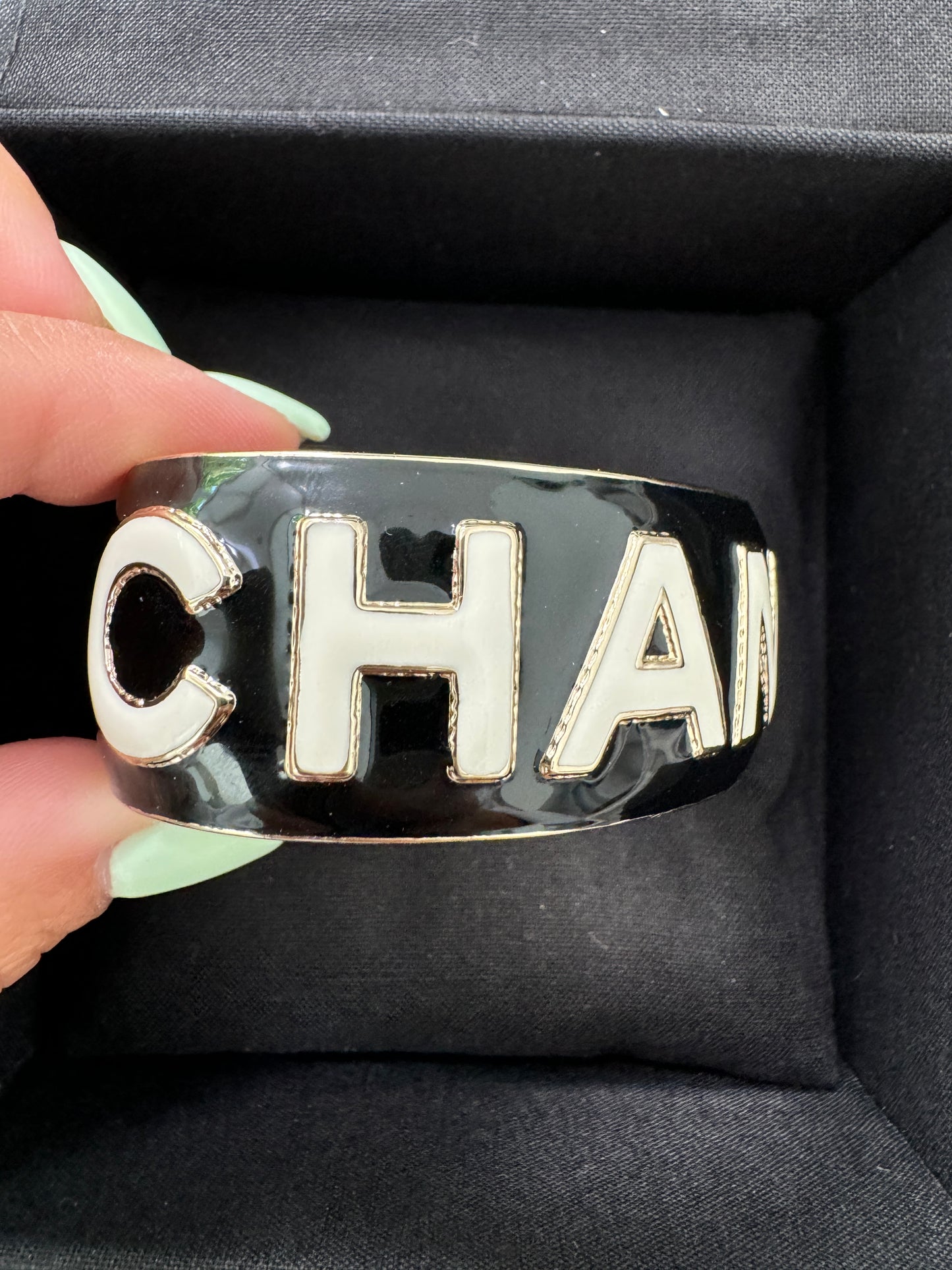 CHANEL 22A ENAMEL BLACK WHITE GOLD  METAL CUFF LOGO LARGE BANGLE BRACELET SMALL