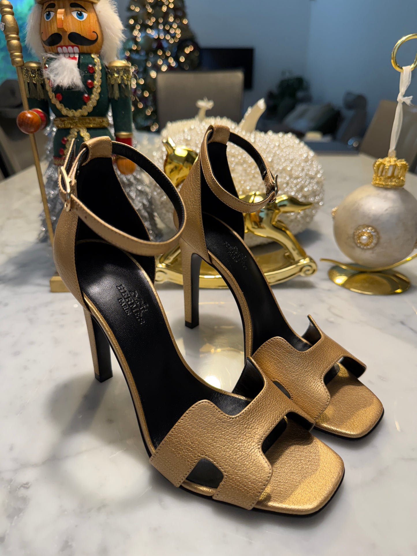 Hermes Joy 105 Dore Gold Golden Goatskin Metallic Ankle Strap Sandal Heels