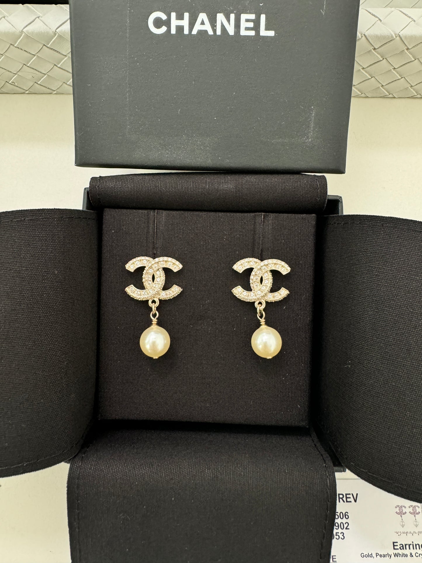 Chanel 23V Strass REV CC Logo Gold Crystal Stud White Pearl Drop Dangle Earrings