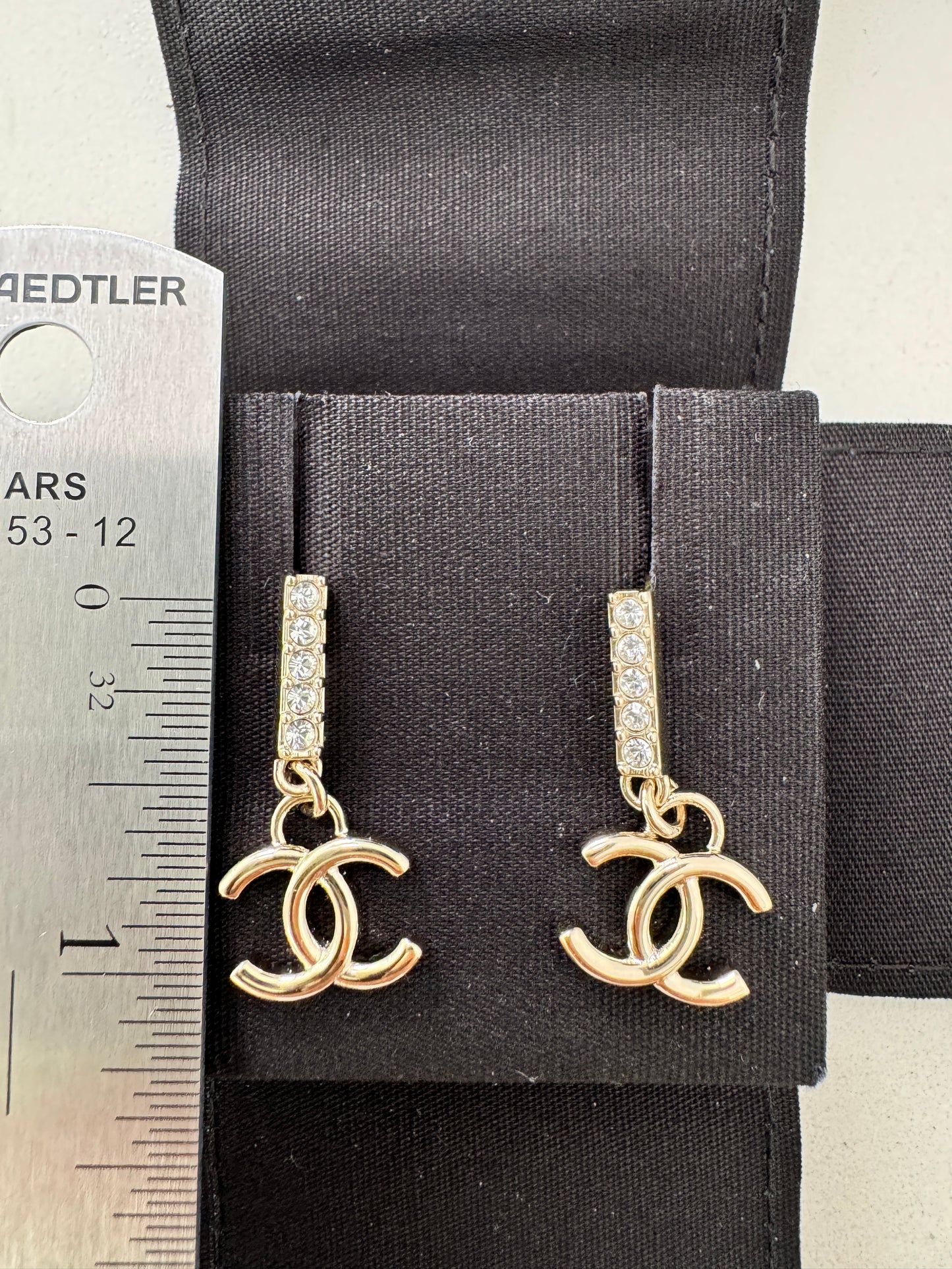 CHANEL 24P GOLD TONE METAL STUDDED CC LOGO WHITE CRYSTALS DANGLE DROP EARRINGS