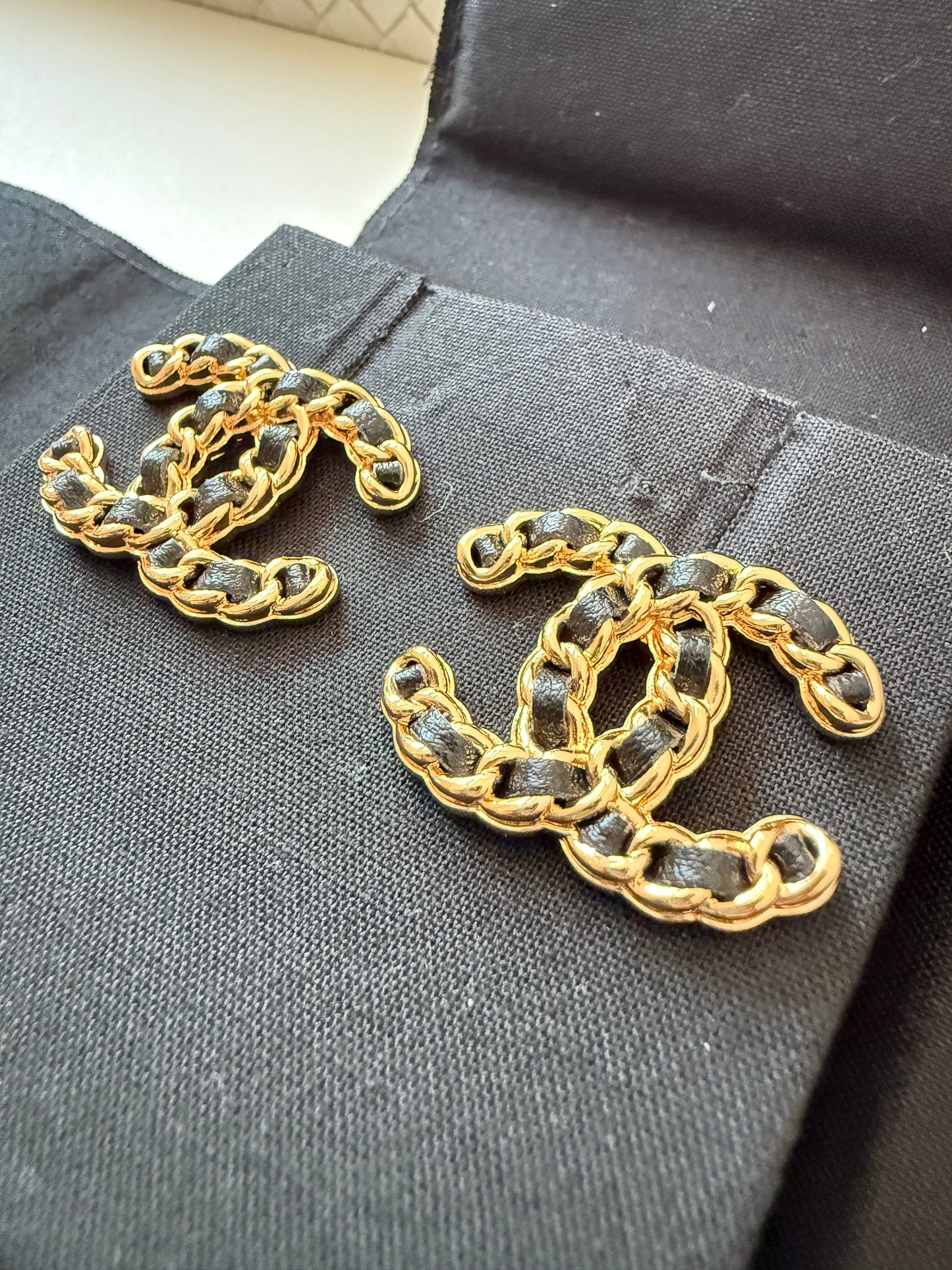 Chanel Black Lambskin Leather Chain Gold CC Logo Earrings Studs