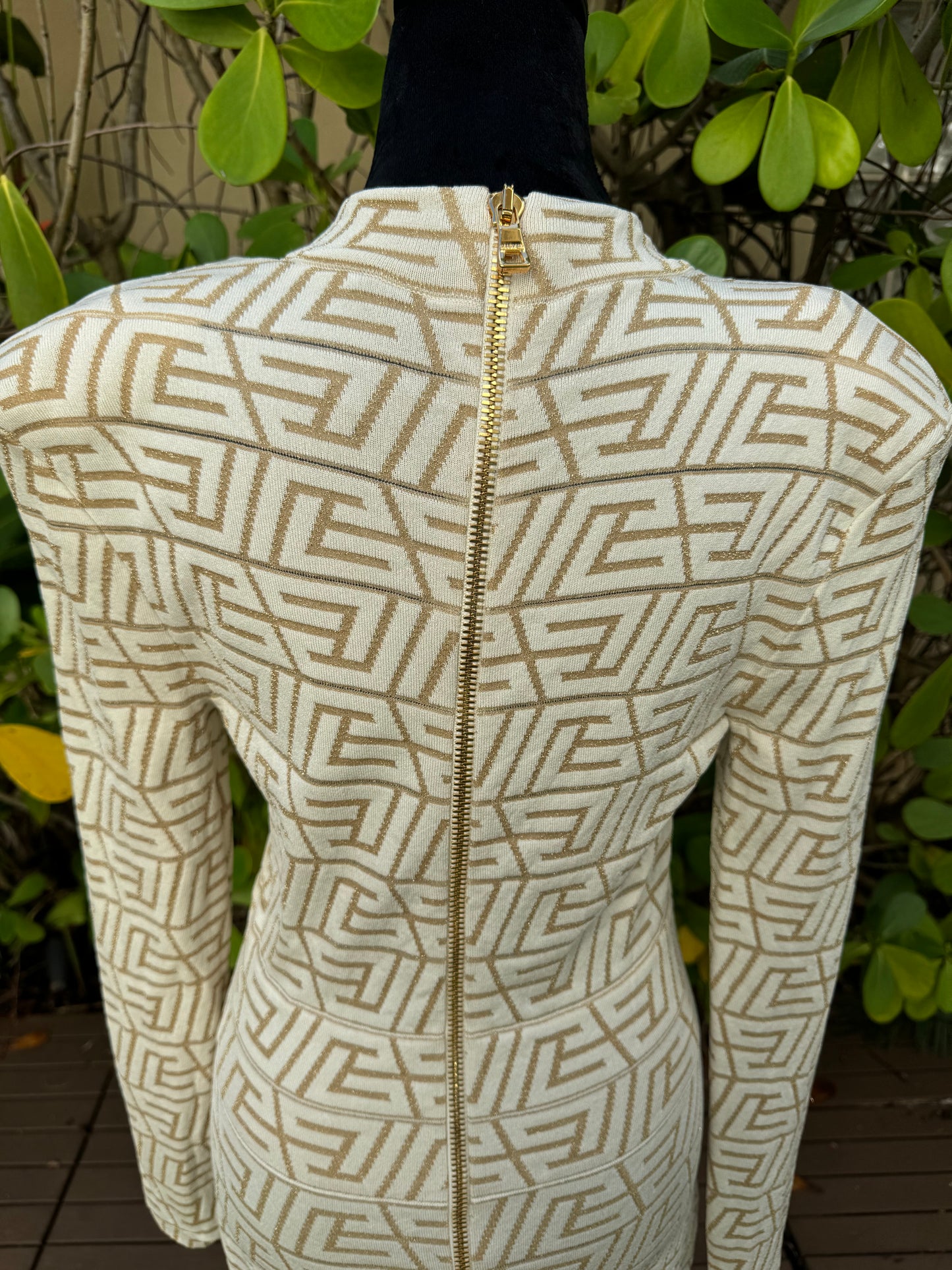 Balmain Natural Beige Gold V-neck Monogram Knitted Jacquard Mini Dress Pre-Owned