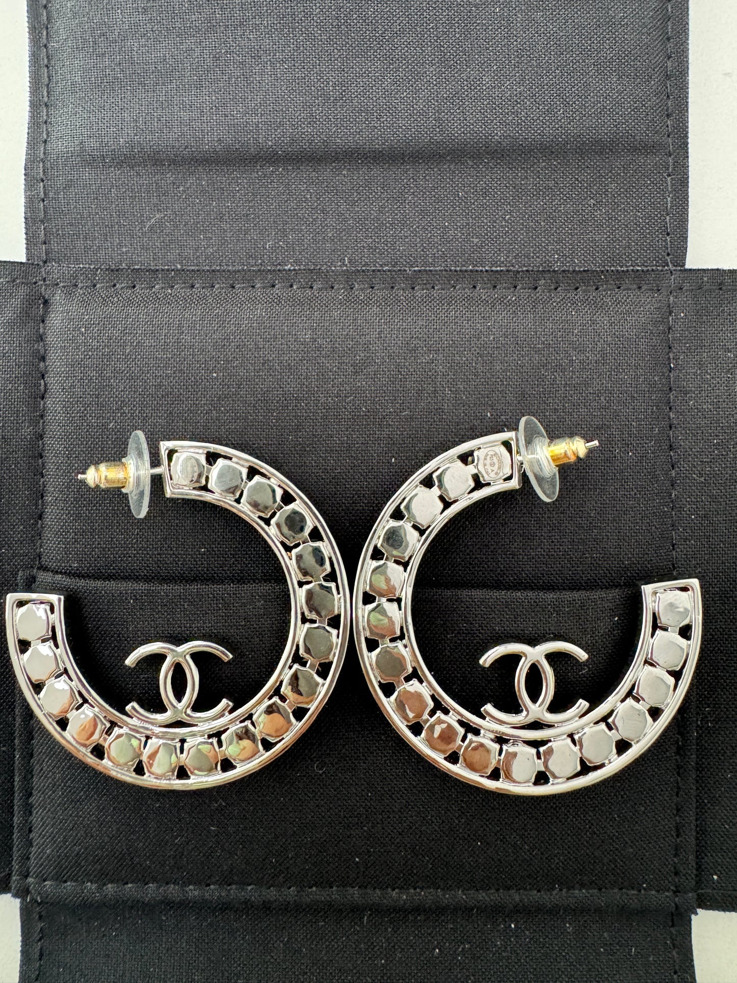 23A CHANEL SILVER CC LOGO LARGE CRYSTALS CRYSTAL METAL XL HOOP HOOPS EARRINGS