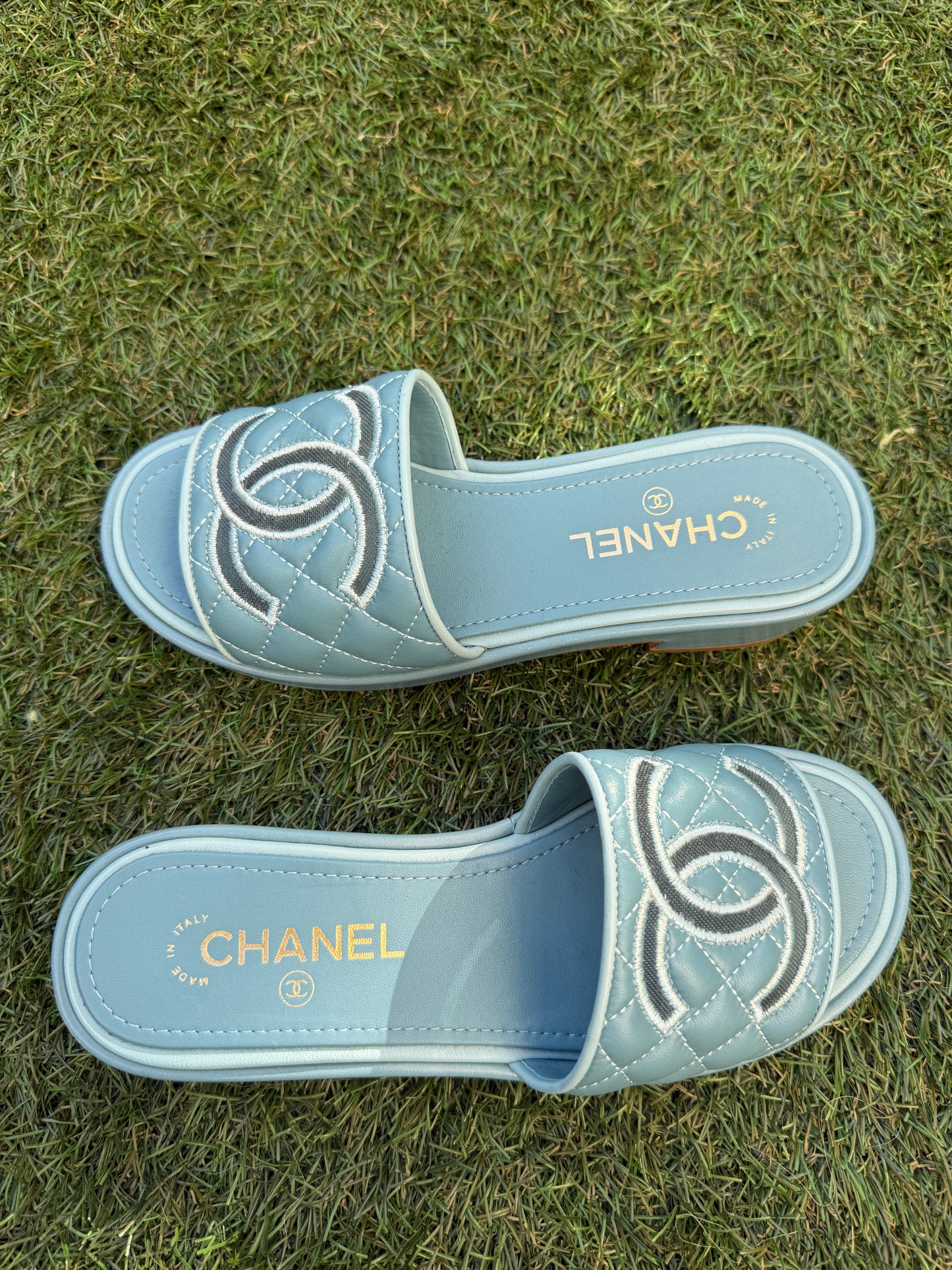 CHANEL CC LOGO BLUE MESH LIGHT TEAL FLAT SLIDES SANDALS MULES