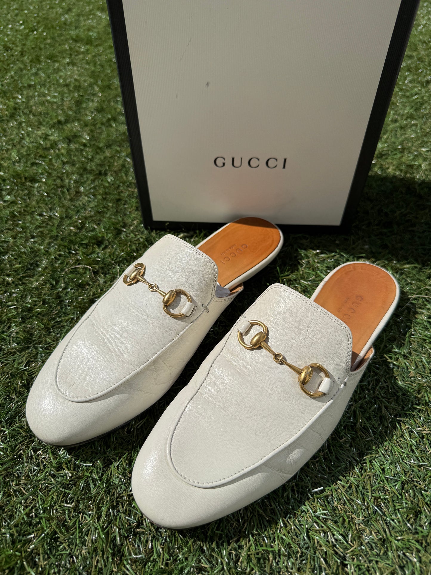 Gucci Princetown Horsebit Logo White Ivory Leather Slippers Mules Slides Pre-Owned