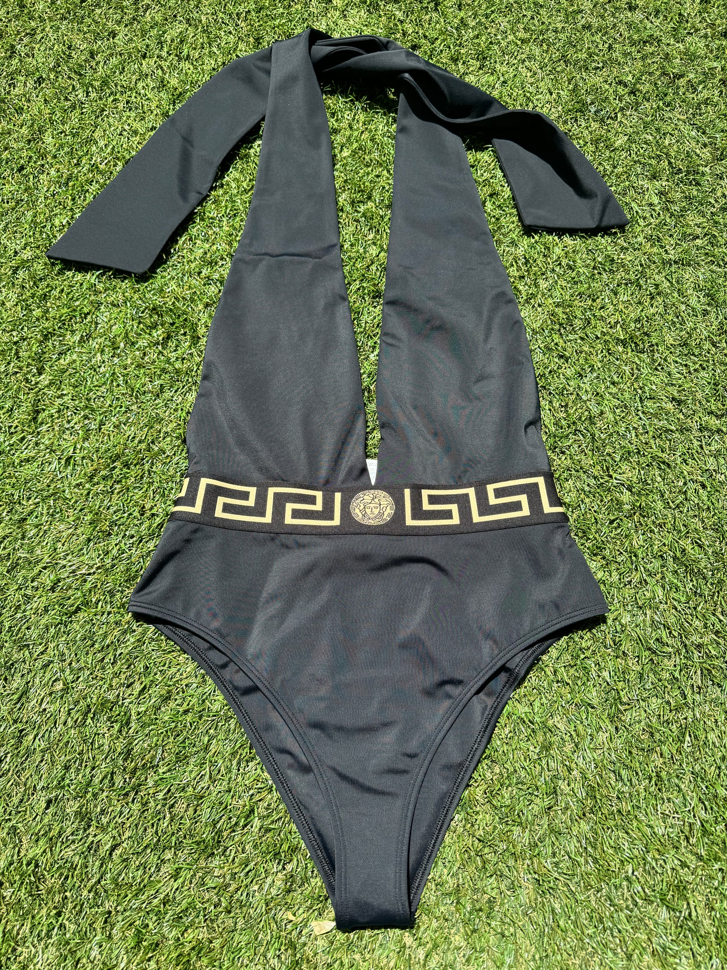 Versace Greca Border Halterneck Black Nero Gold Plunge Open One Piece Swimsuit