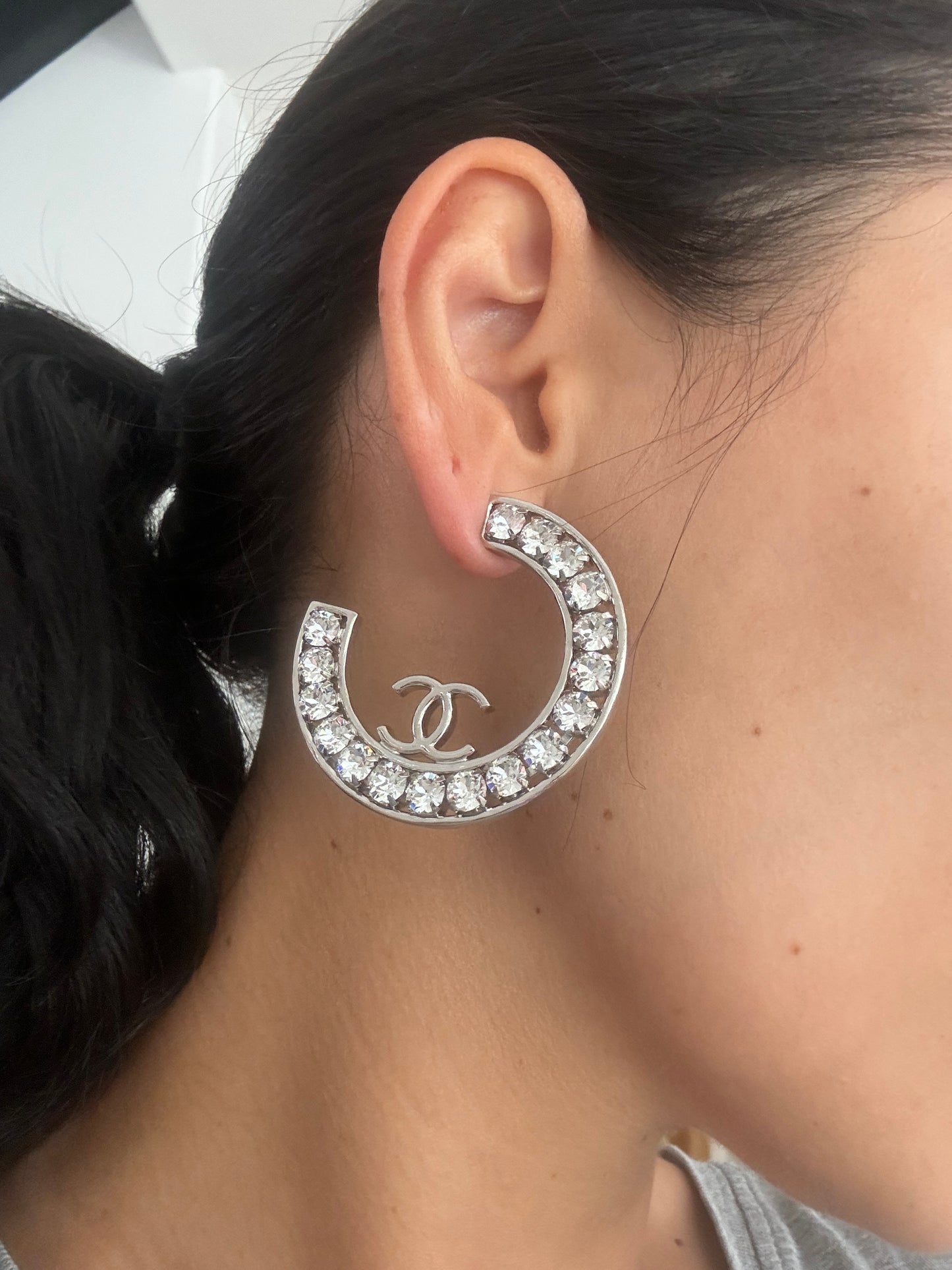 23A CHANEL SILVER CC LOGO LARGE CRYSTALS CRYSTAL METAL XL HOOP HOOPS EARRINGS