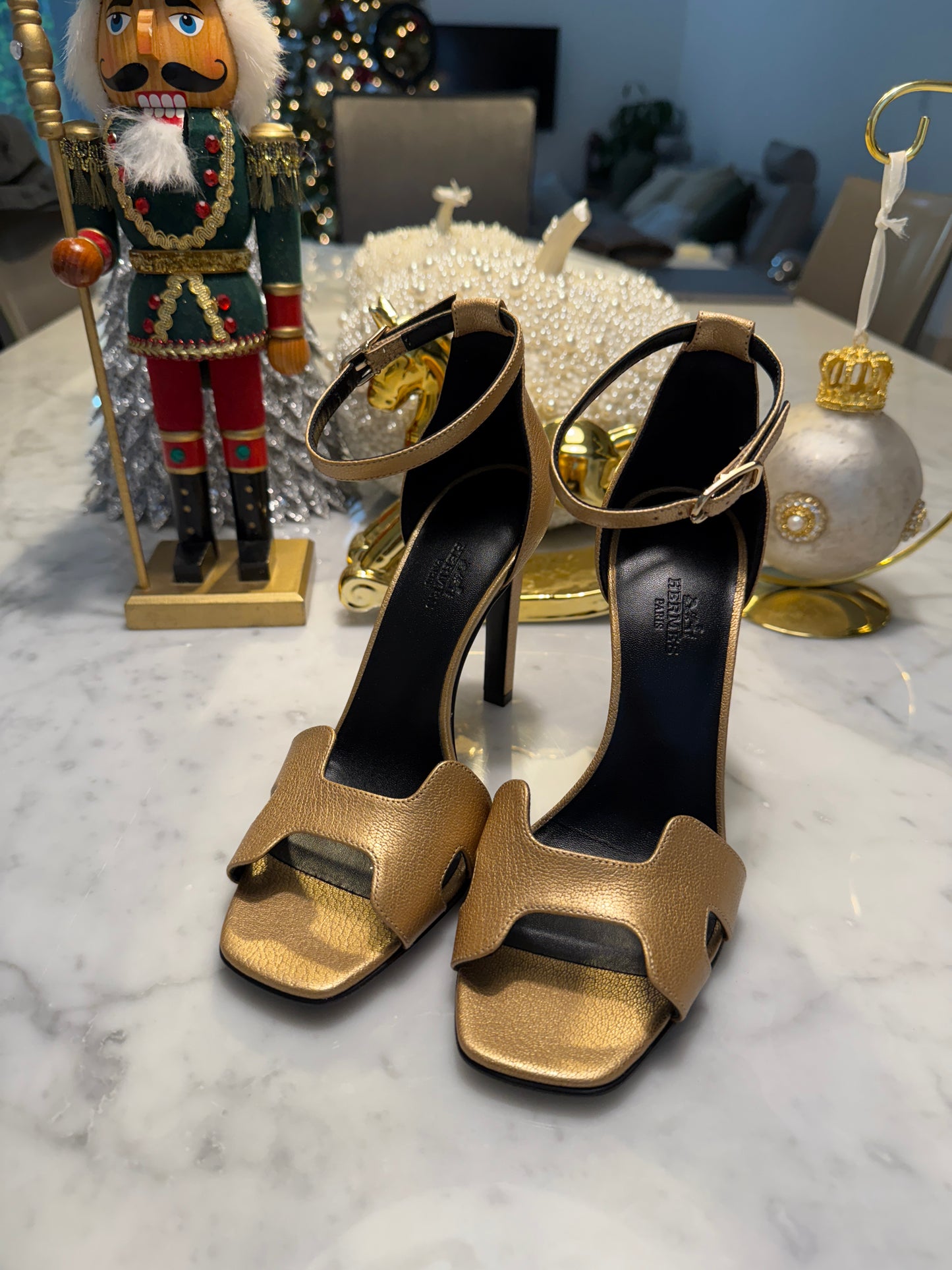 Hermes Joy 105 Dore Gold Golden Goatskin Metallic Ankle Strap Sandal Heels