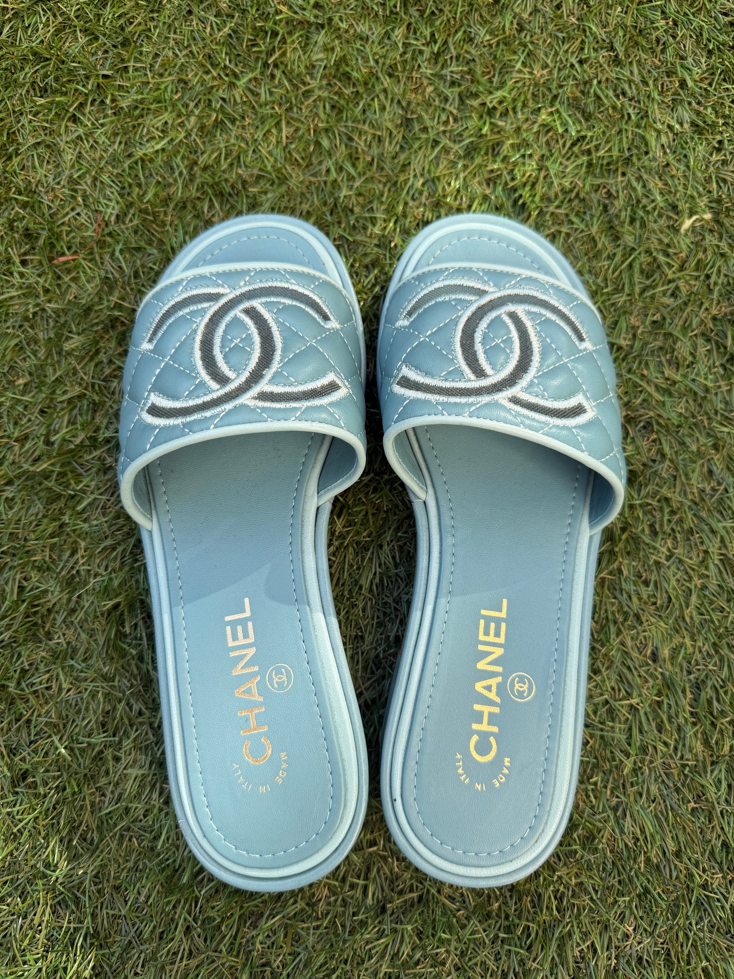 CHANEL CC LOGO BLUE MESH LIGHT TEAL FLAT SLIDES SANDALS MULES