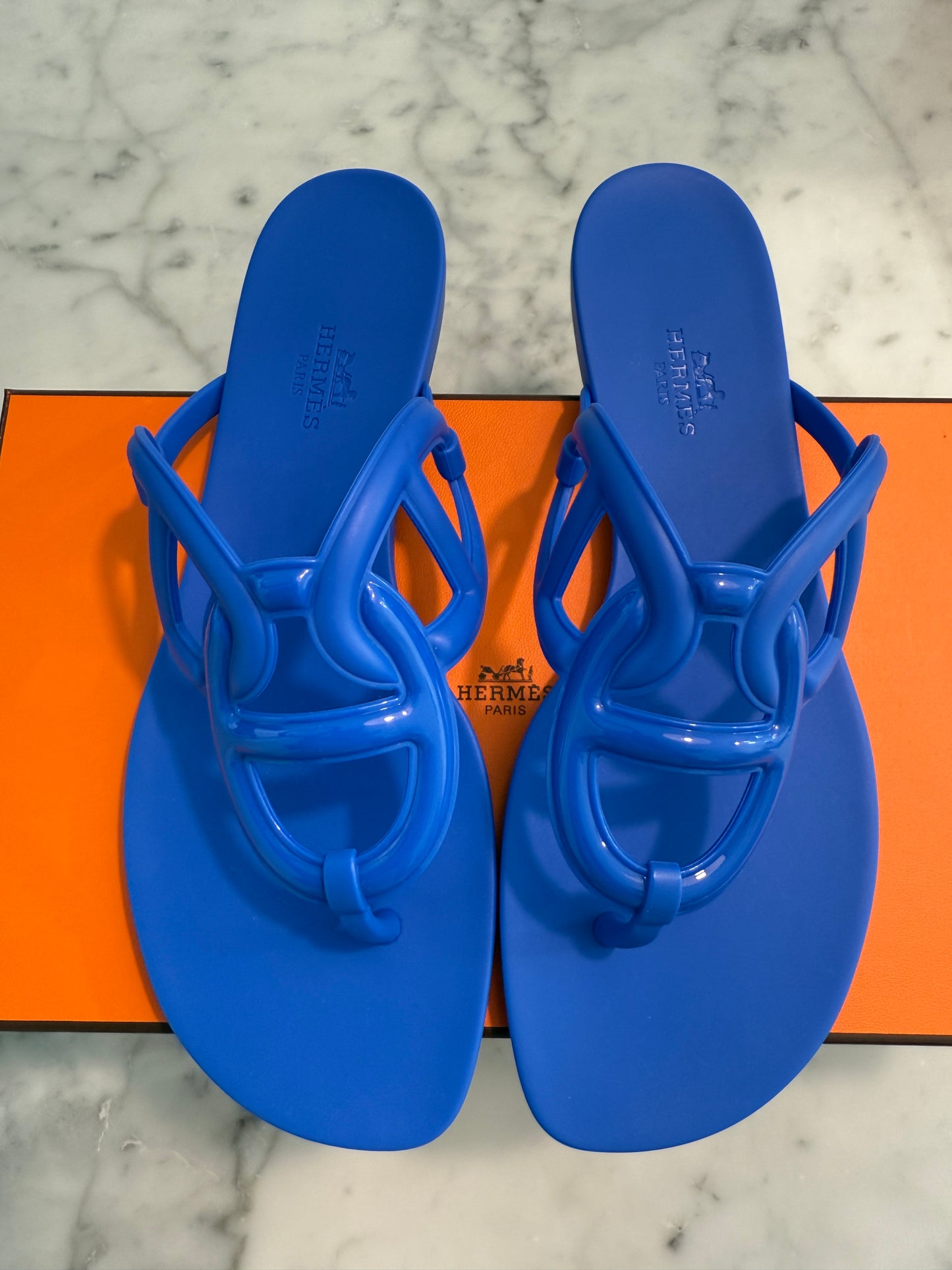 HERMES Egerie Bleu Outremer Chaine d'Ancre Motif Sandal TPU Jelly Slides