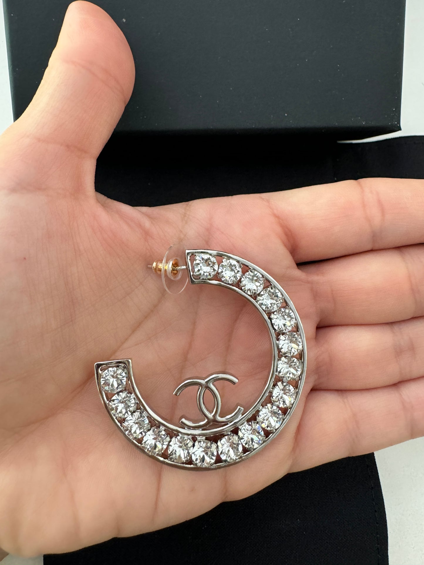 23A CHANEL SILVER CC LOGO LARGE CRYSTALS CRYSTAL METAL XL HOOP HOOPS EARRINGS