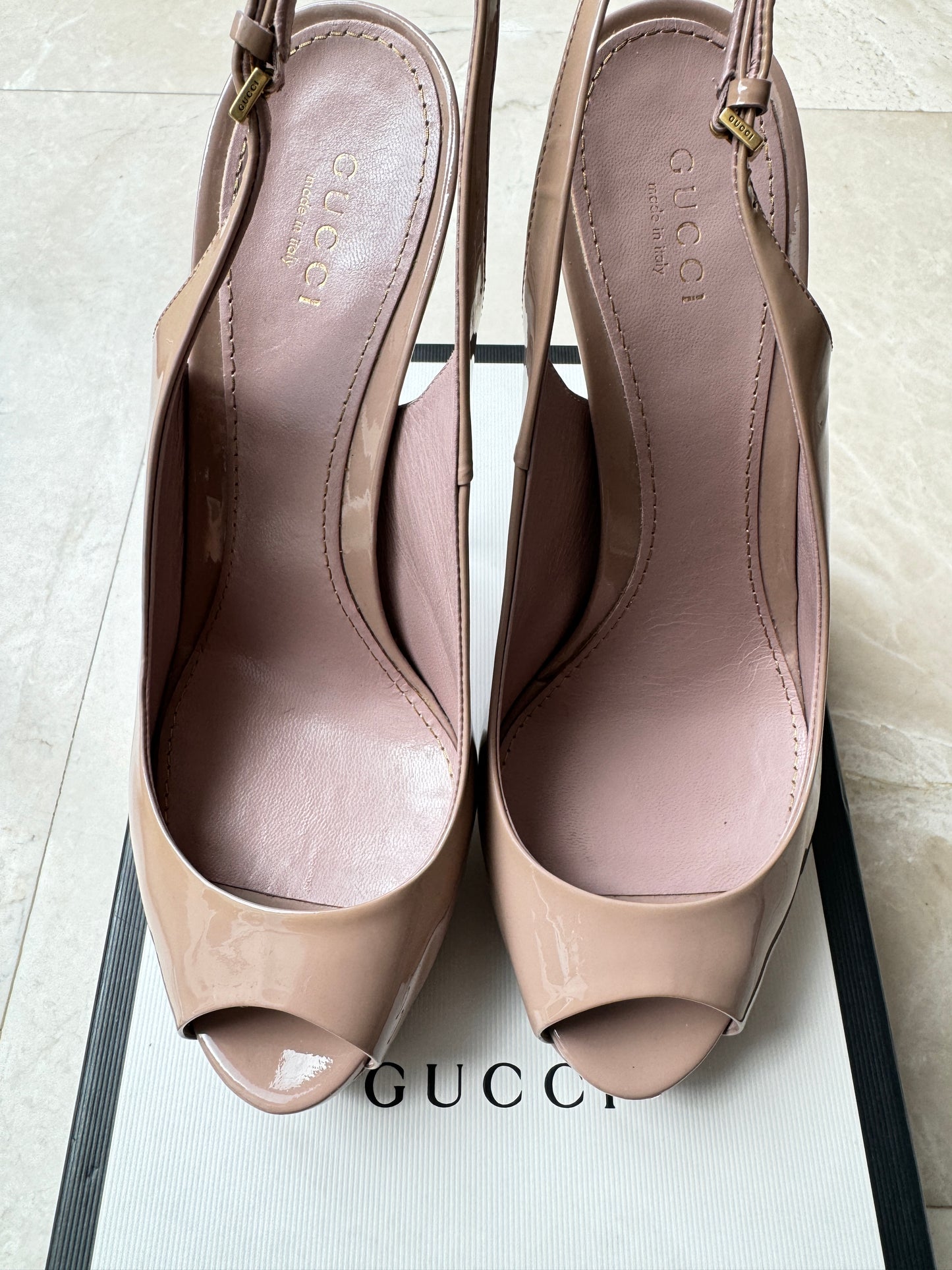 Gucci Pale Pink Blush Patent Leather Peeptoe Slingback Platform Heels Pre-Owned