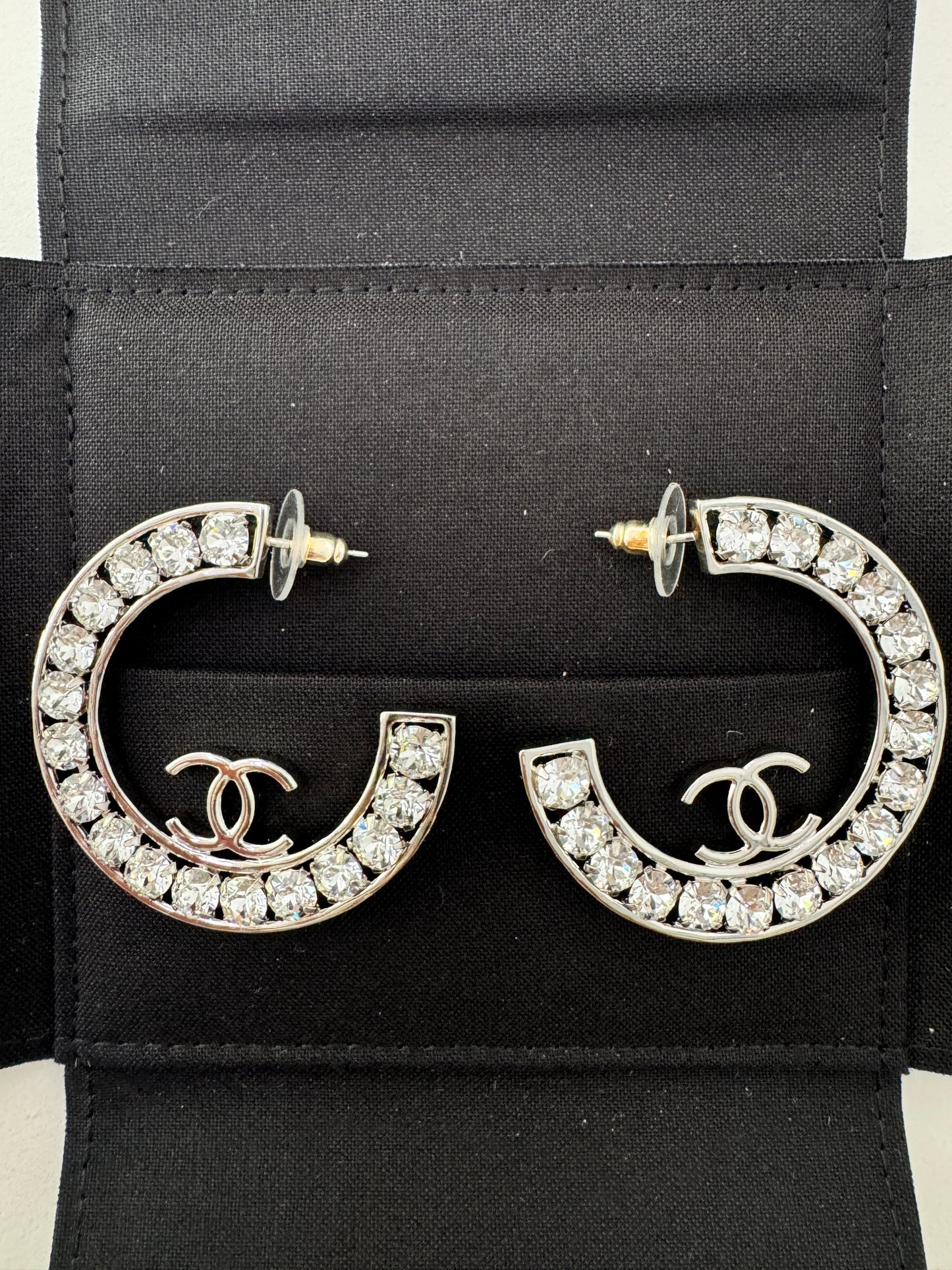 23A CHANEL SILVER CC LOGO LARGE CRYSTALS CRYSTAL METAL XL HOOP HOOPS EARRINGS