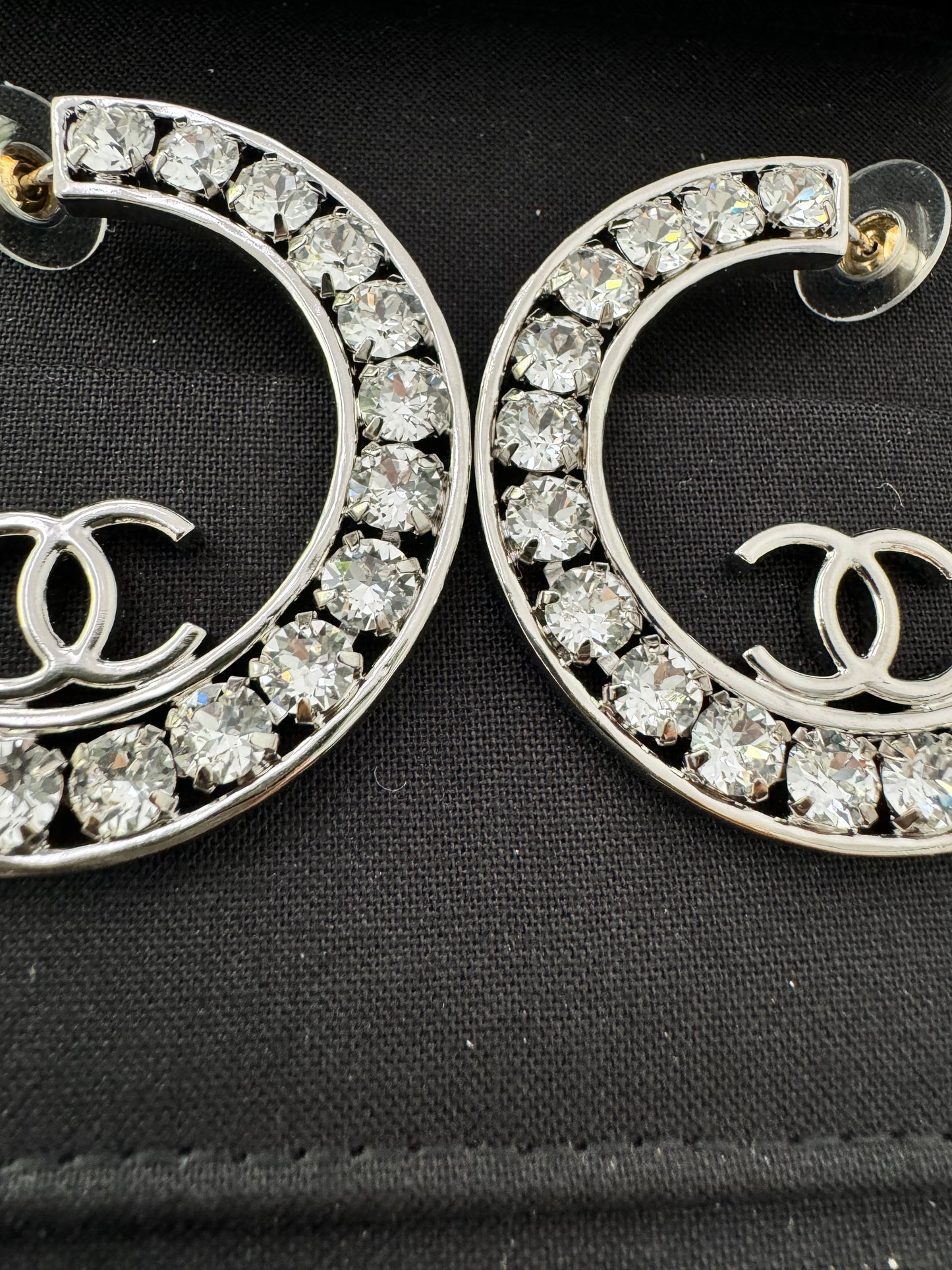 23A CHANEL SILVER CC LOGO LARGE CRYSTALS CRYSTAL METAL XL HOOP HOOPS EARRINGS