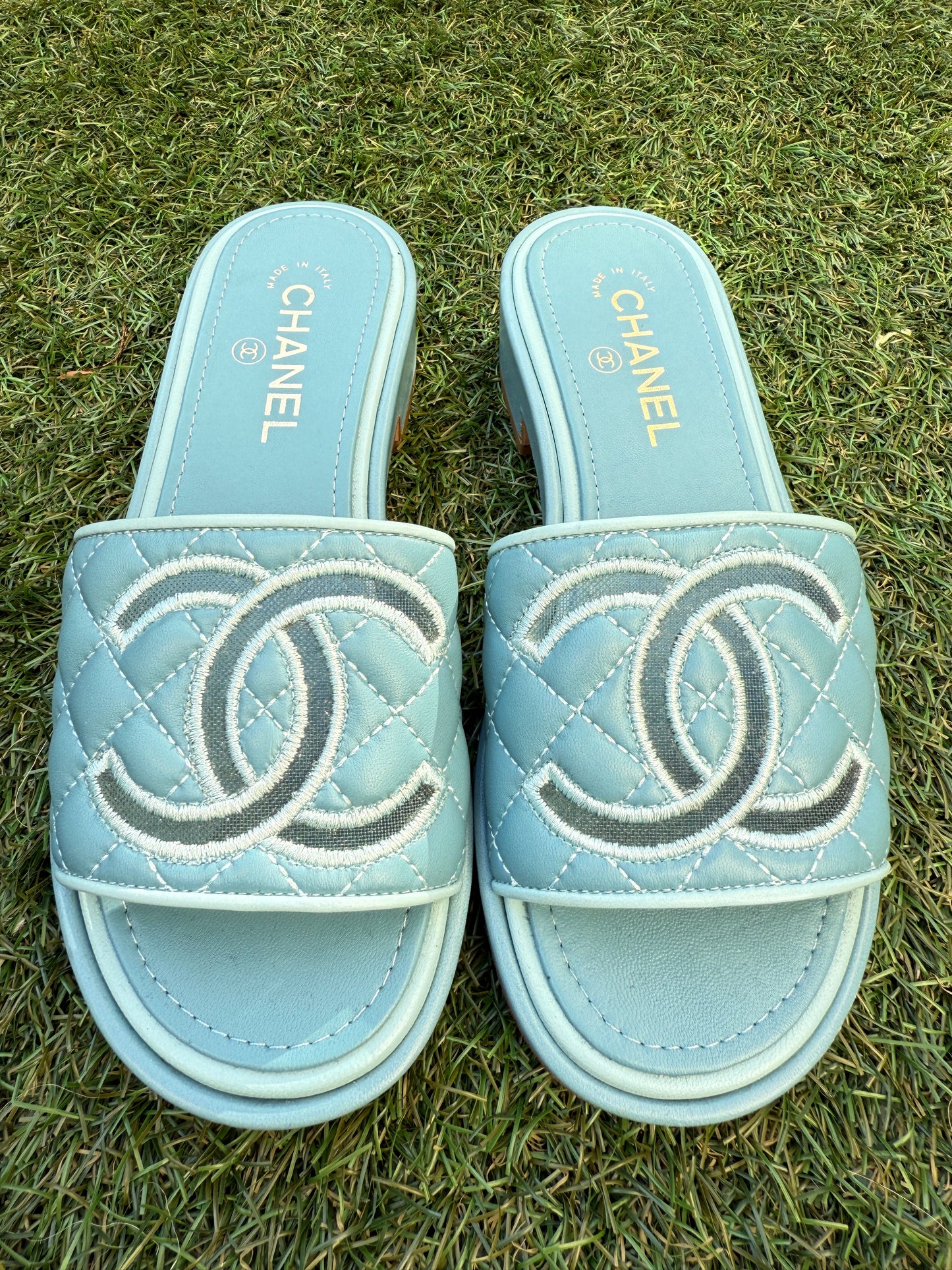 CHANEL CC LOGO BLUE MESH LIGHT TEAL FLAT SLIDES SANDALS MULES