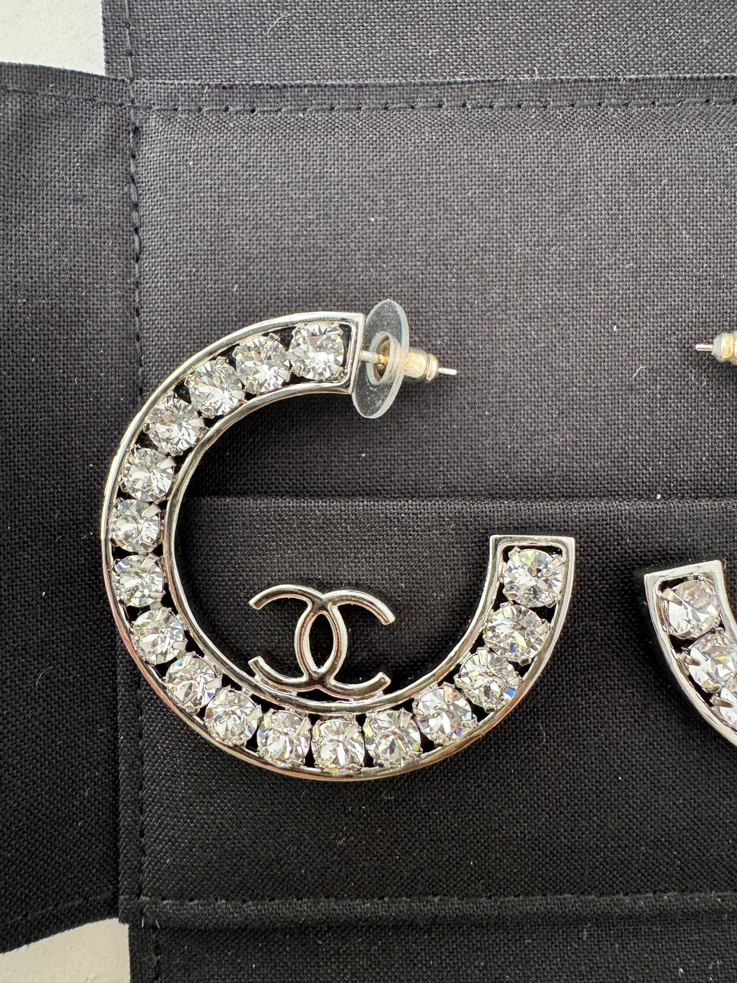 23A CHANEL SILVER CC LOGO LARGE CRYSTALS CRYSTAL METAL XL HOOP HOOPS EARRINGS