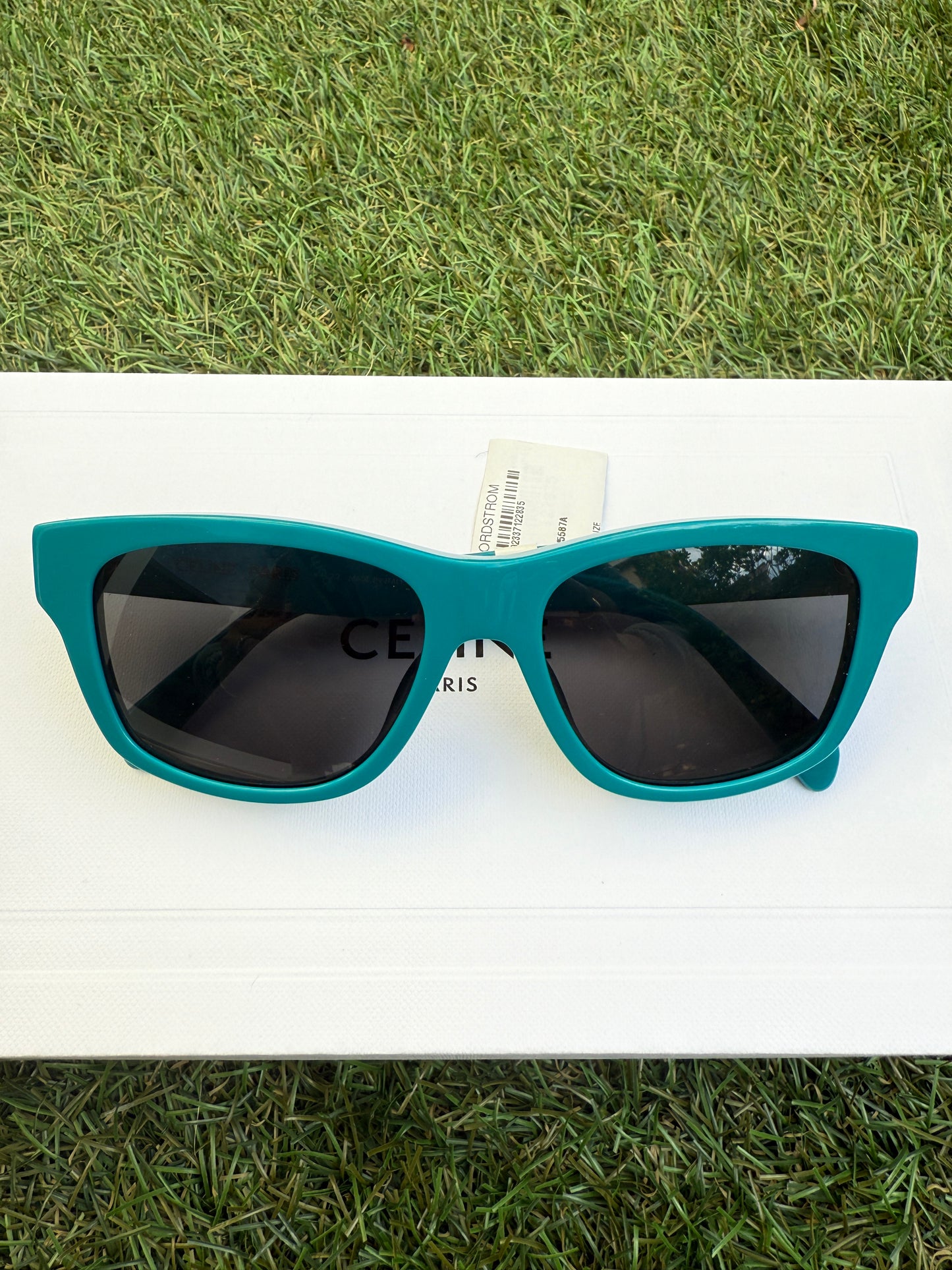 Celine MONOCHROMS 55mm Square Shiny Turquoise Smoke Green Sunglasses CL40249U