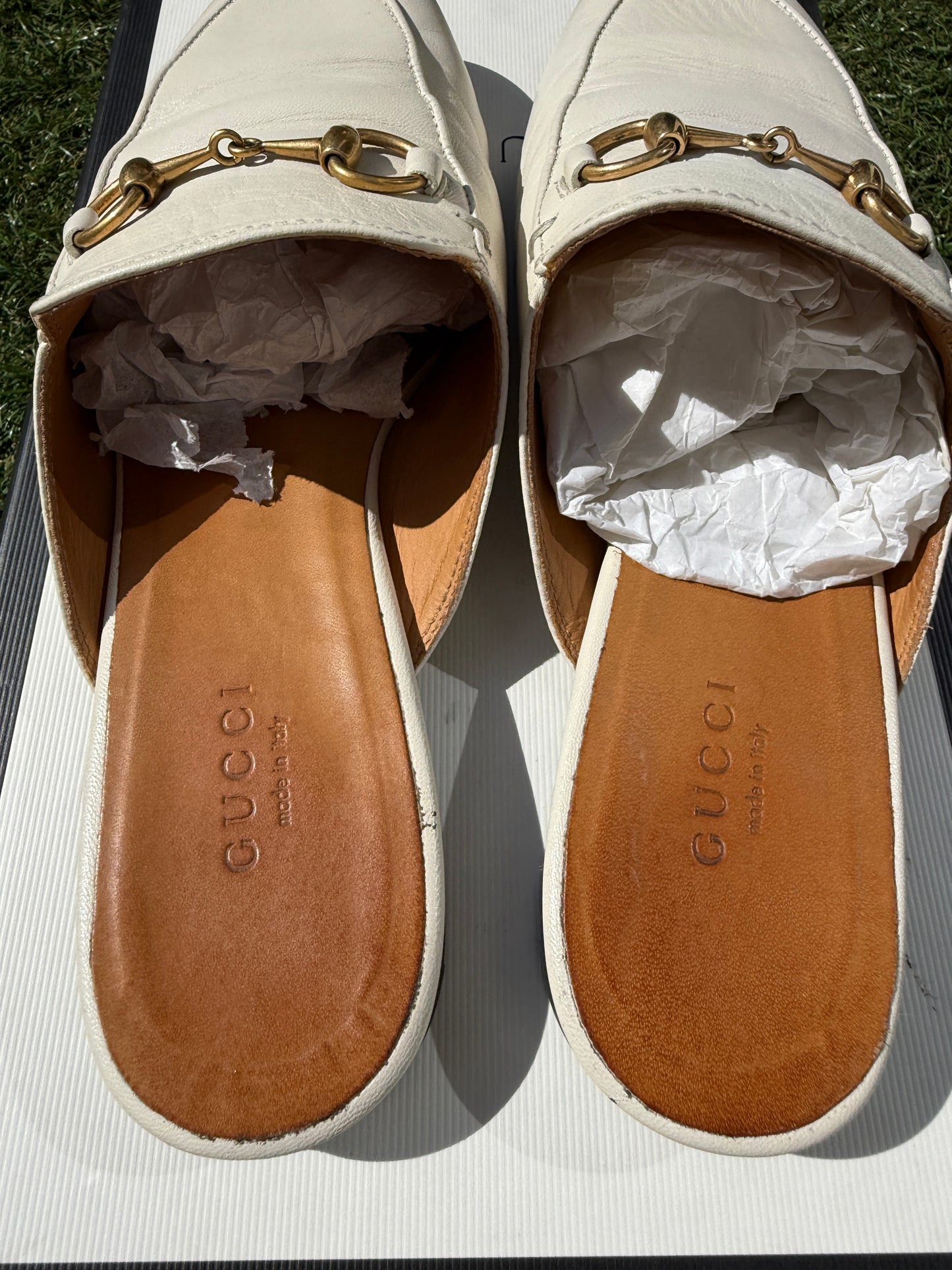 Gucci Princetown Horsebit Logo White Ivory Leather Slippers Mules Slides Pre-Owned