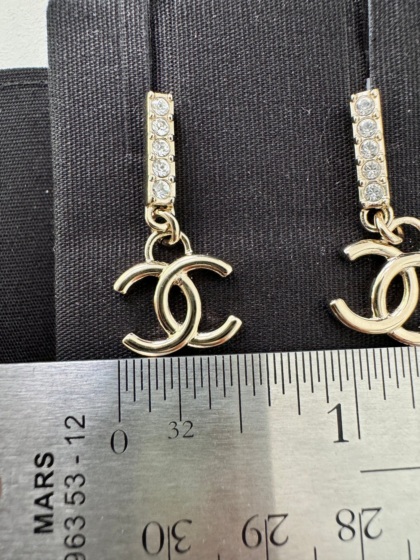 CHANEL 24P GOLD TONE METAL STUDDED CC LOGO WHITE CRYSTALS DANGLE DROP EARRINGS