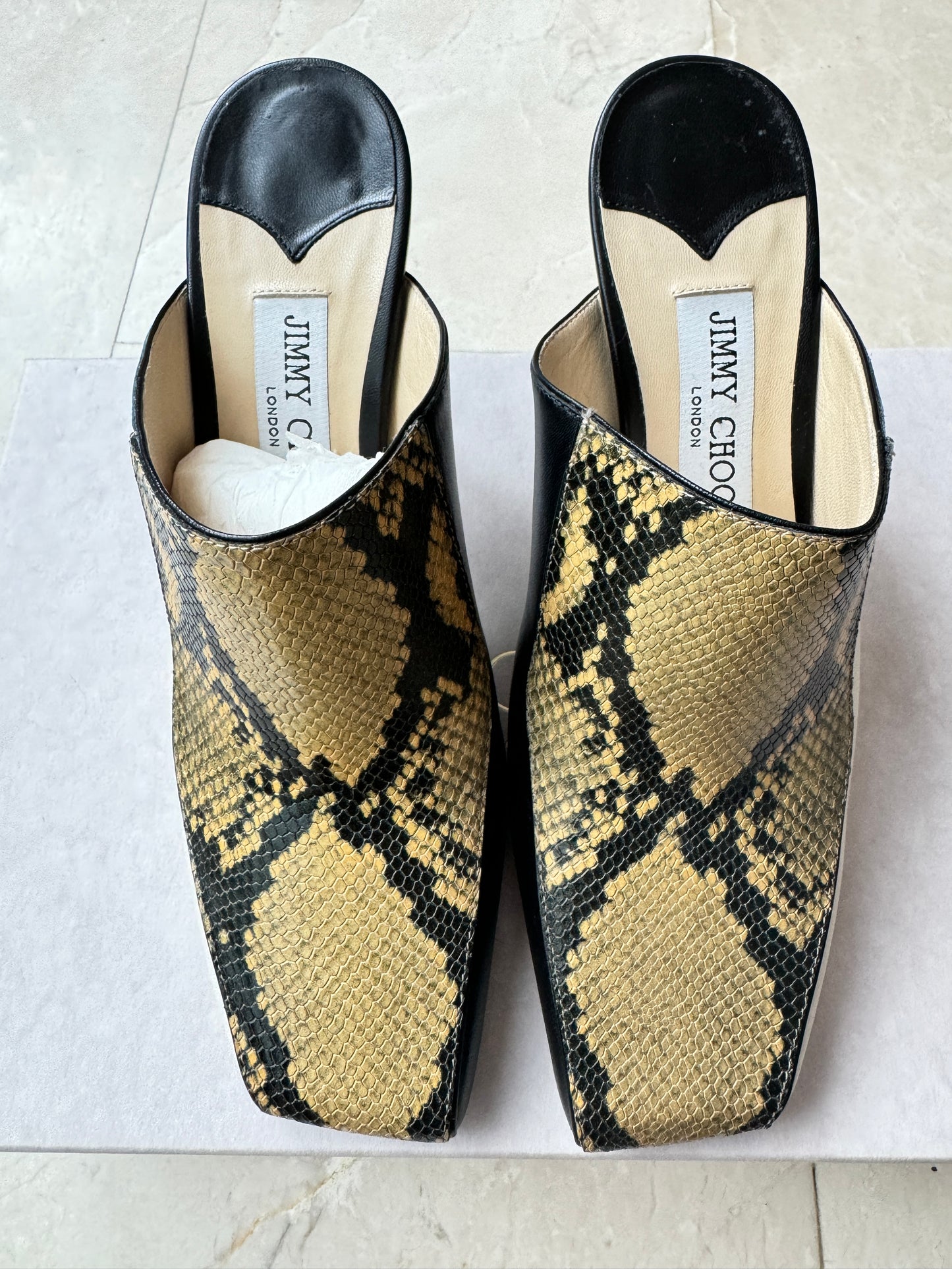 Jimmy Choo Marcel 85 smooth and snake-effect leather mules square toe pre-owned