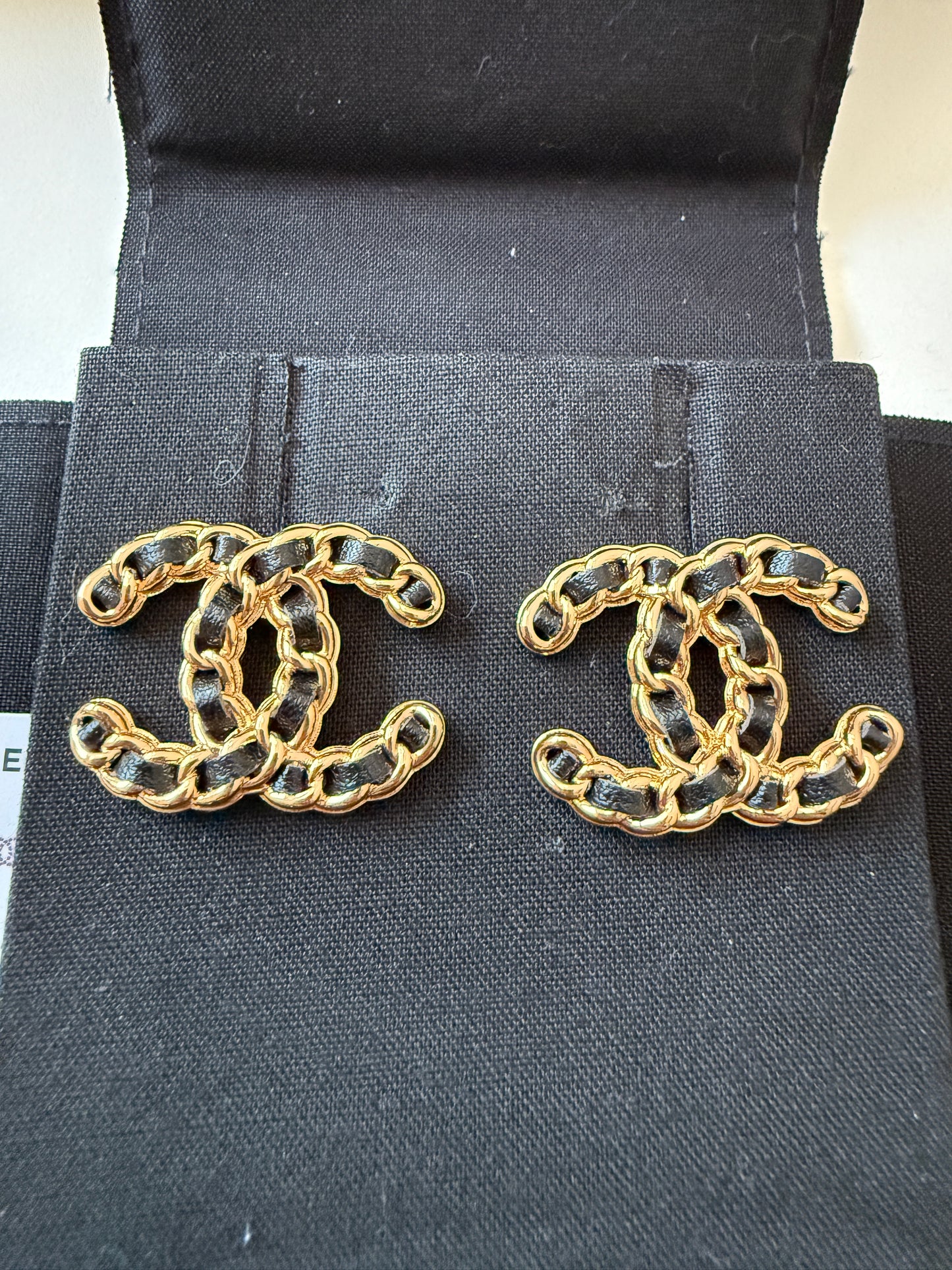 Chanel Black Lambskin Leather Chain Gold CC Logo Earrings Studs