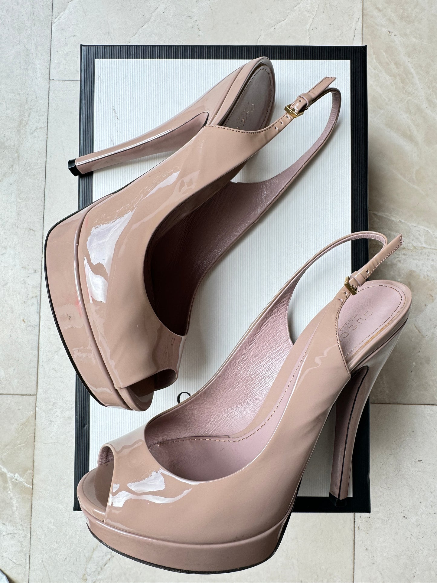 Gucci Pale Pink Blush Patent Leather Peeptoe Slingback Platform Heels Pre-Owned