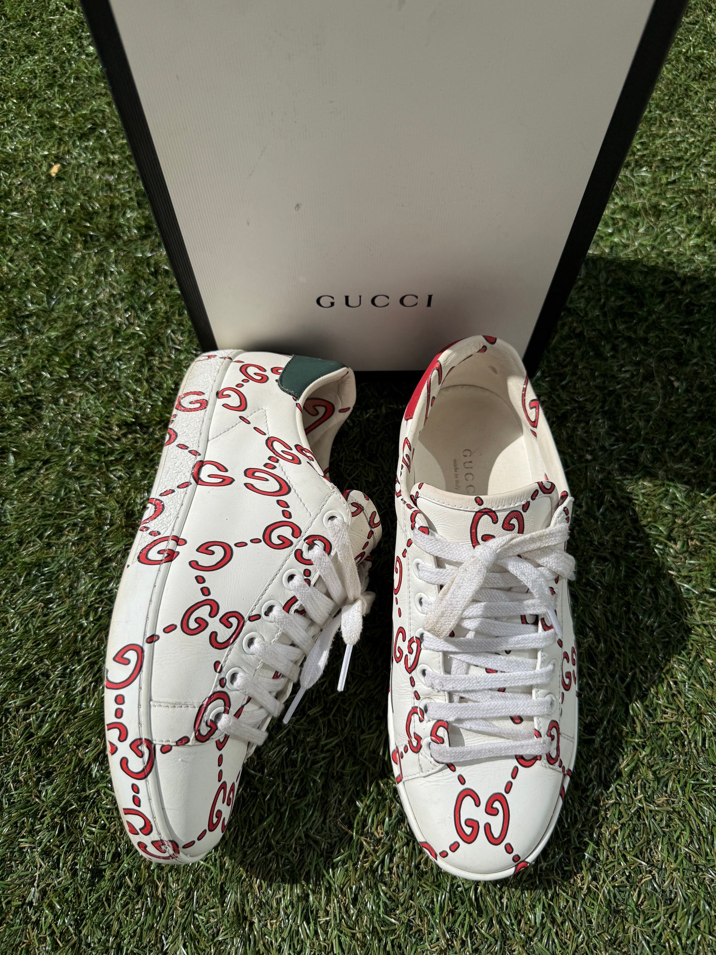 Gucci Ace Ghost GG Print Logo Monogram Red White Green Sneakers Pre-Owned