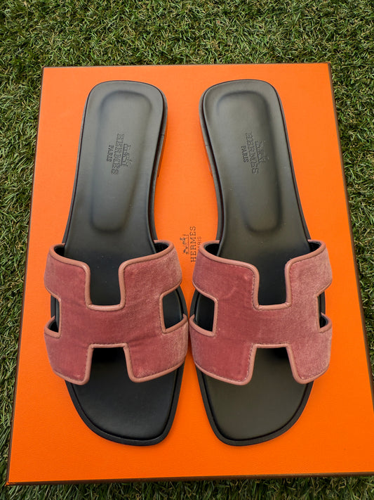 HERMES H ORAN BOISE DE ROSE VELOURS VELVET SANDALS SHOES FLATS FLAT SLIDES