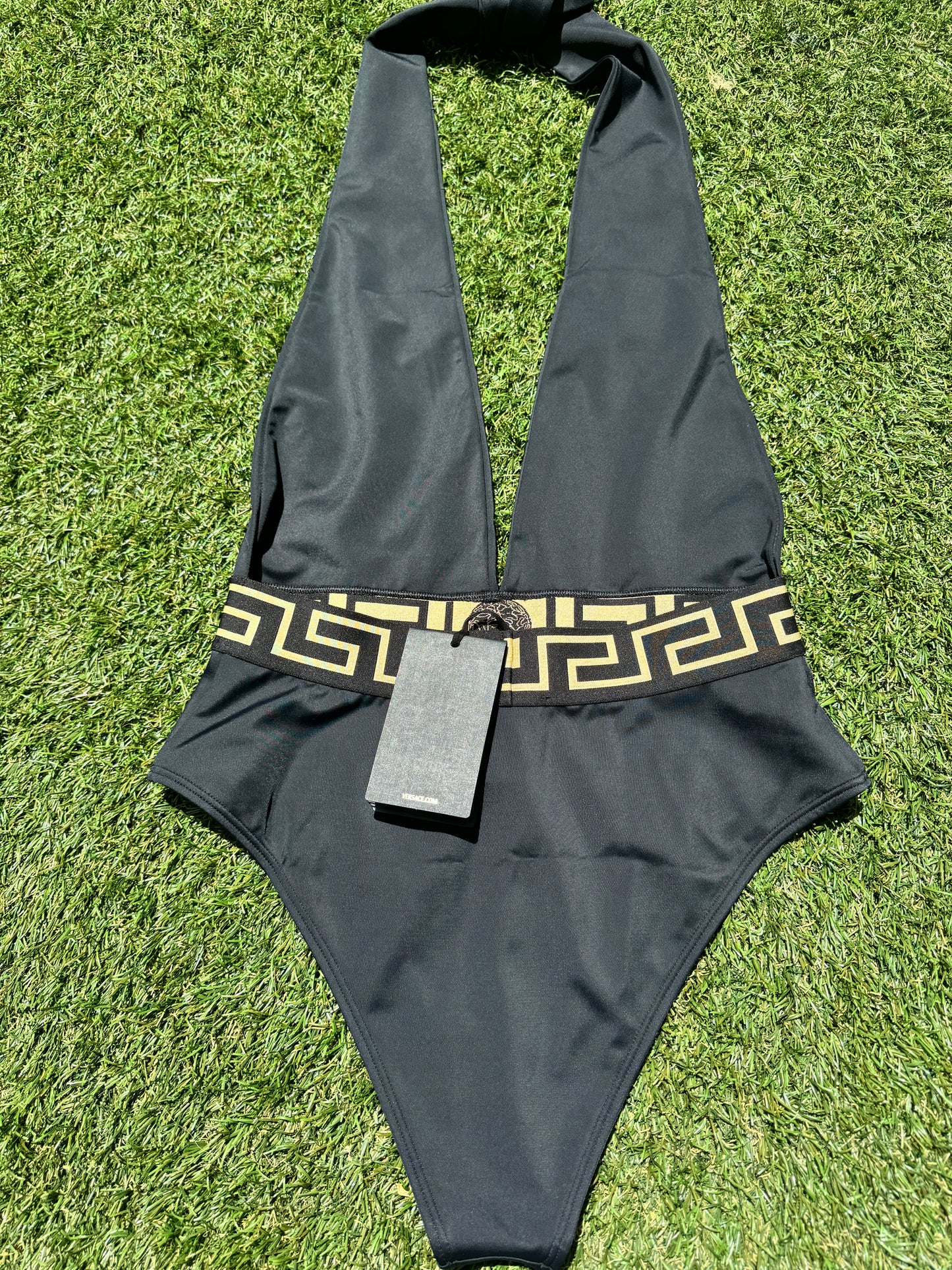 Versace Greca Border Halterneck Black Nero Gold Plunge Open One Piece Swimsuit