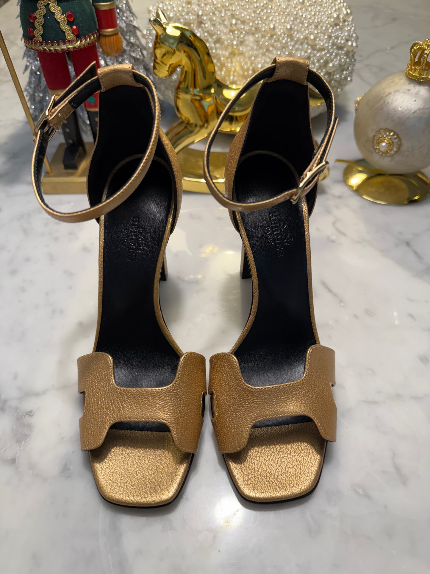 Hermes Joy 105 Dore Gold Golden Goatskin Metallic Ankle Strap Sandal Heels