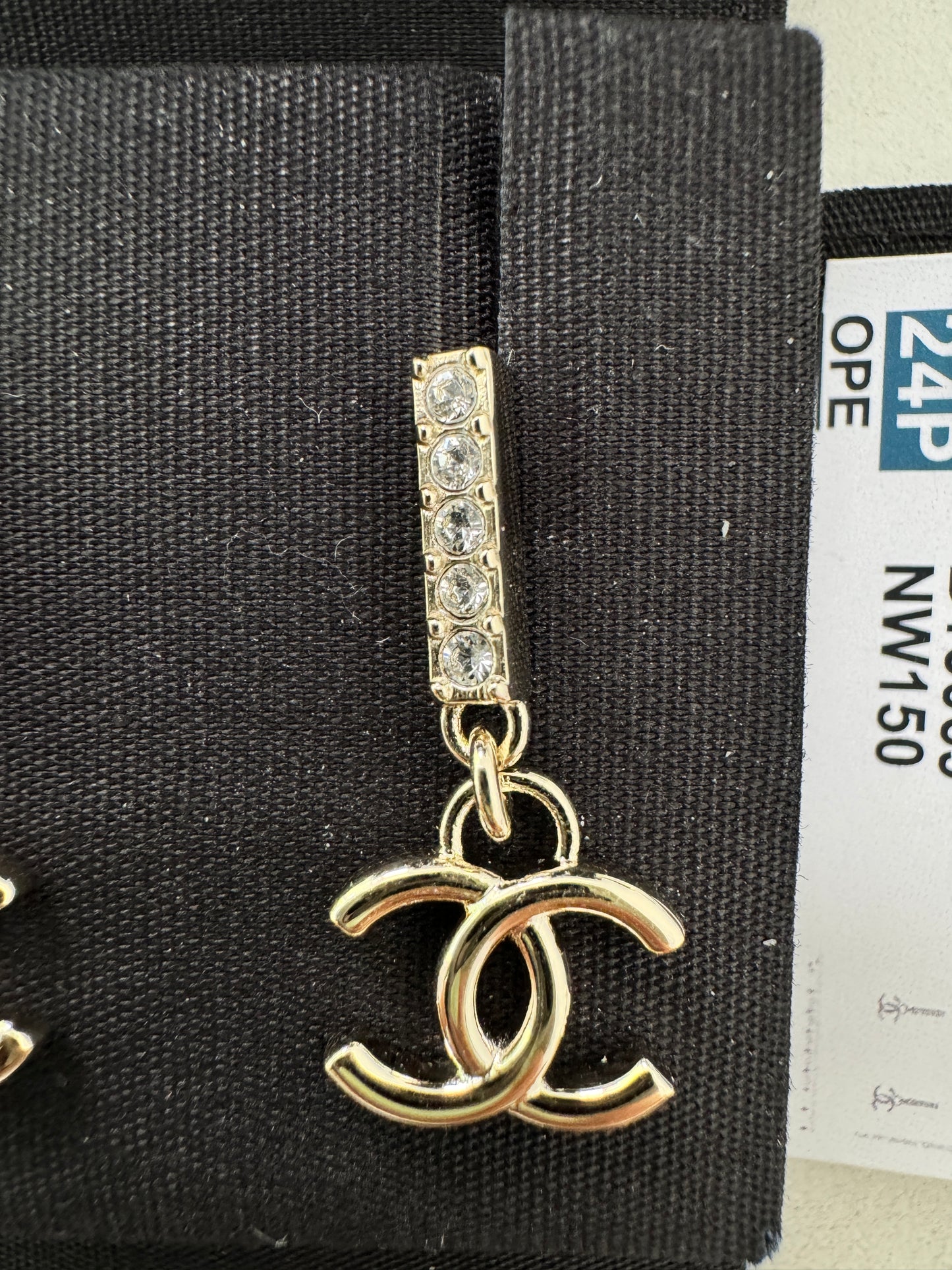 CHANEL 24P GOLD TONE METAL STUDDED CC LOGO WHITE CRYSTALS DANGLE DROP EARRINGS