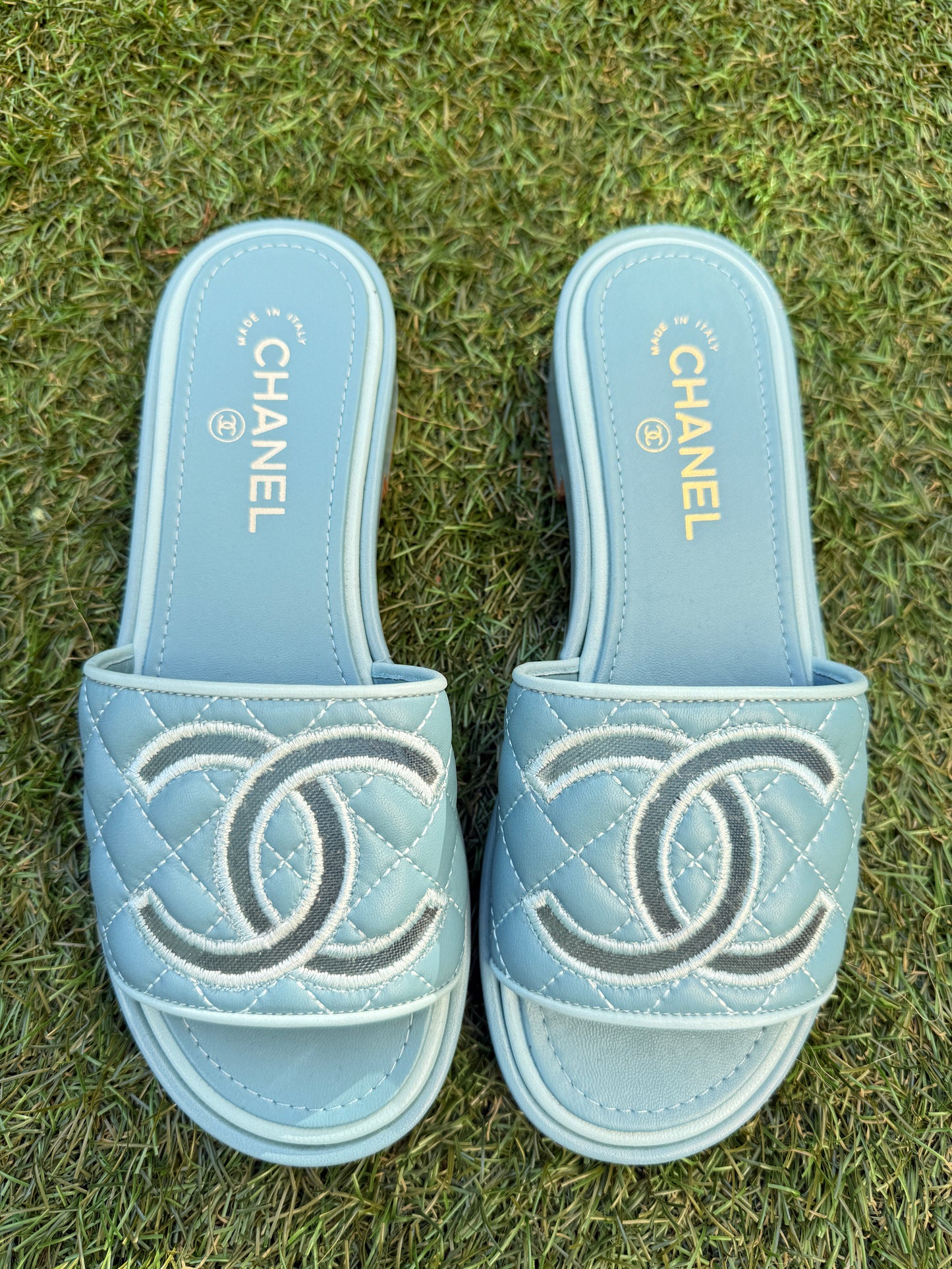 CHANEL CC LOGO BLUE MESH LIGHT TEAL FLAT SLIDES SANDALS MULES