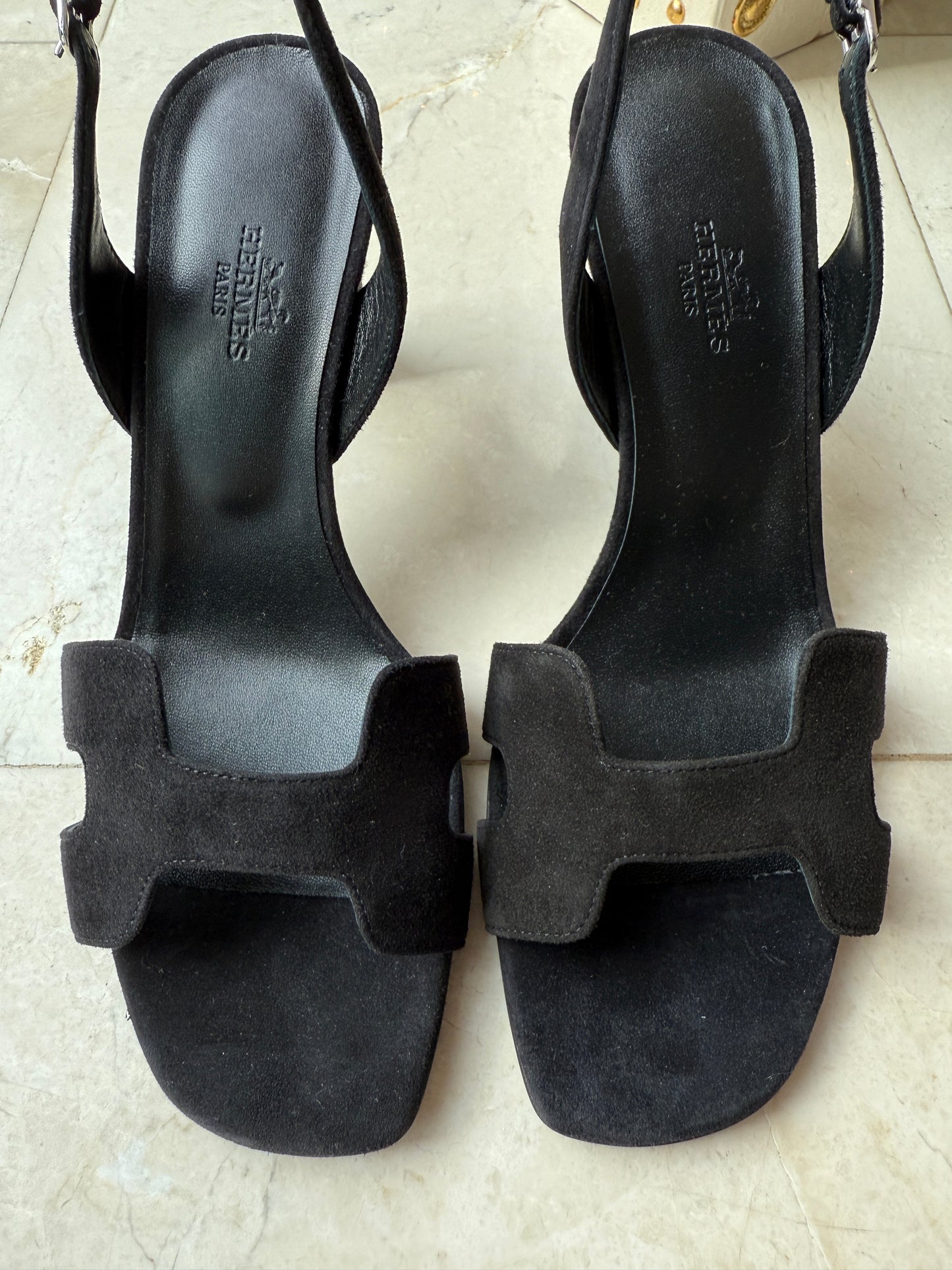 HERMES ETERNITE 80 SANDALS BLACK SUEDE LEATHER HIGH HEELS SLINGBACK SHOES