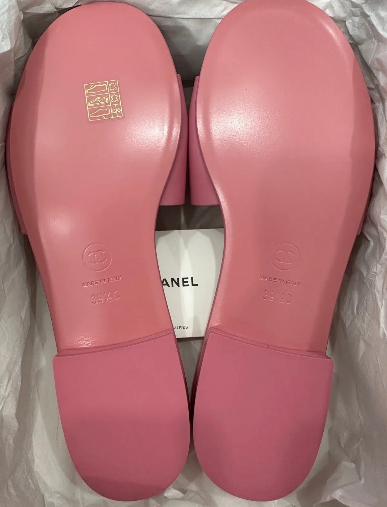 CHANEL CHA NEL LOGO PINK LEATHER FLAT SHOES SLIDES MULES