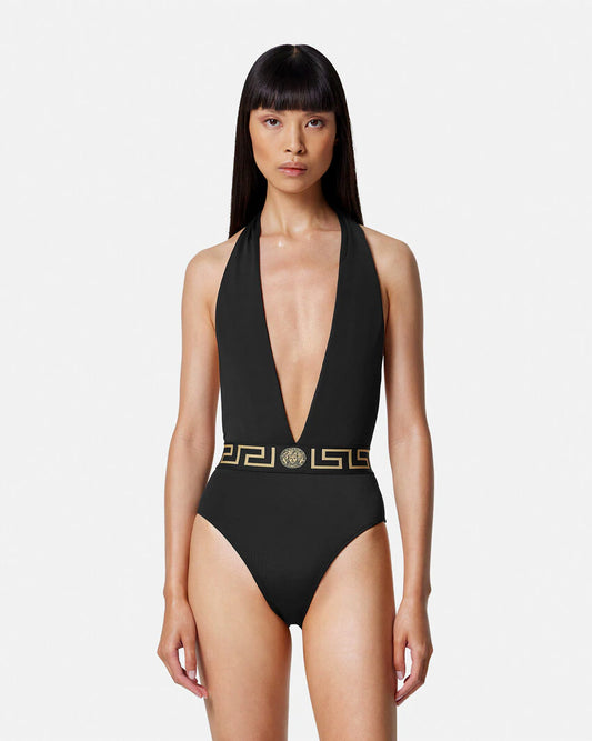 Versace Greca Border Halterneck Black Nero Gold Plunge Open One Piece Swimsuit