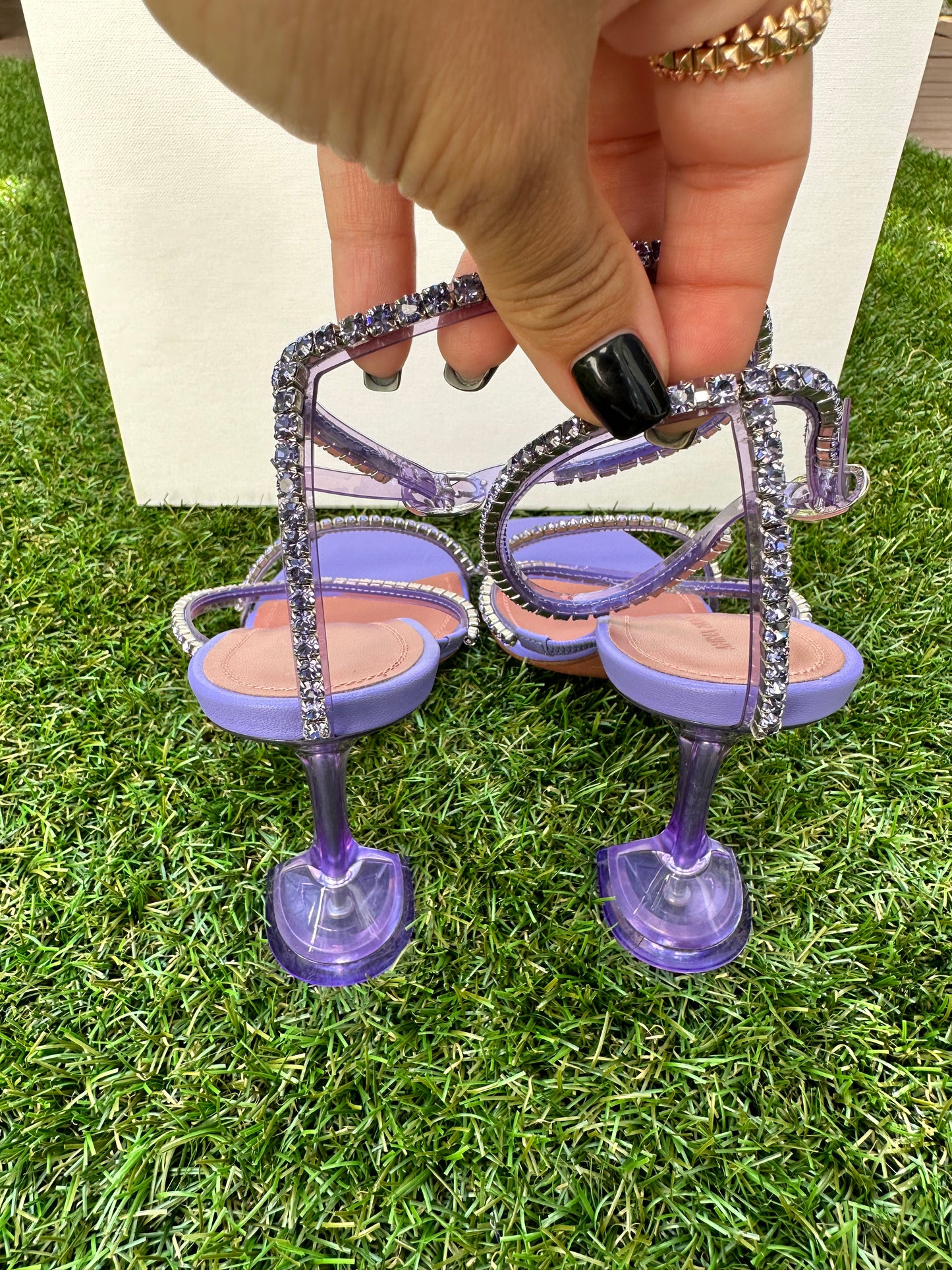 Amina Muaddi Gilda 95 Crystal Embellished Clear PVC  Plastic Heels Lilac Purple