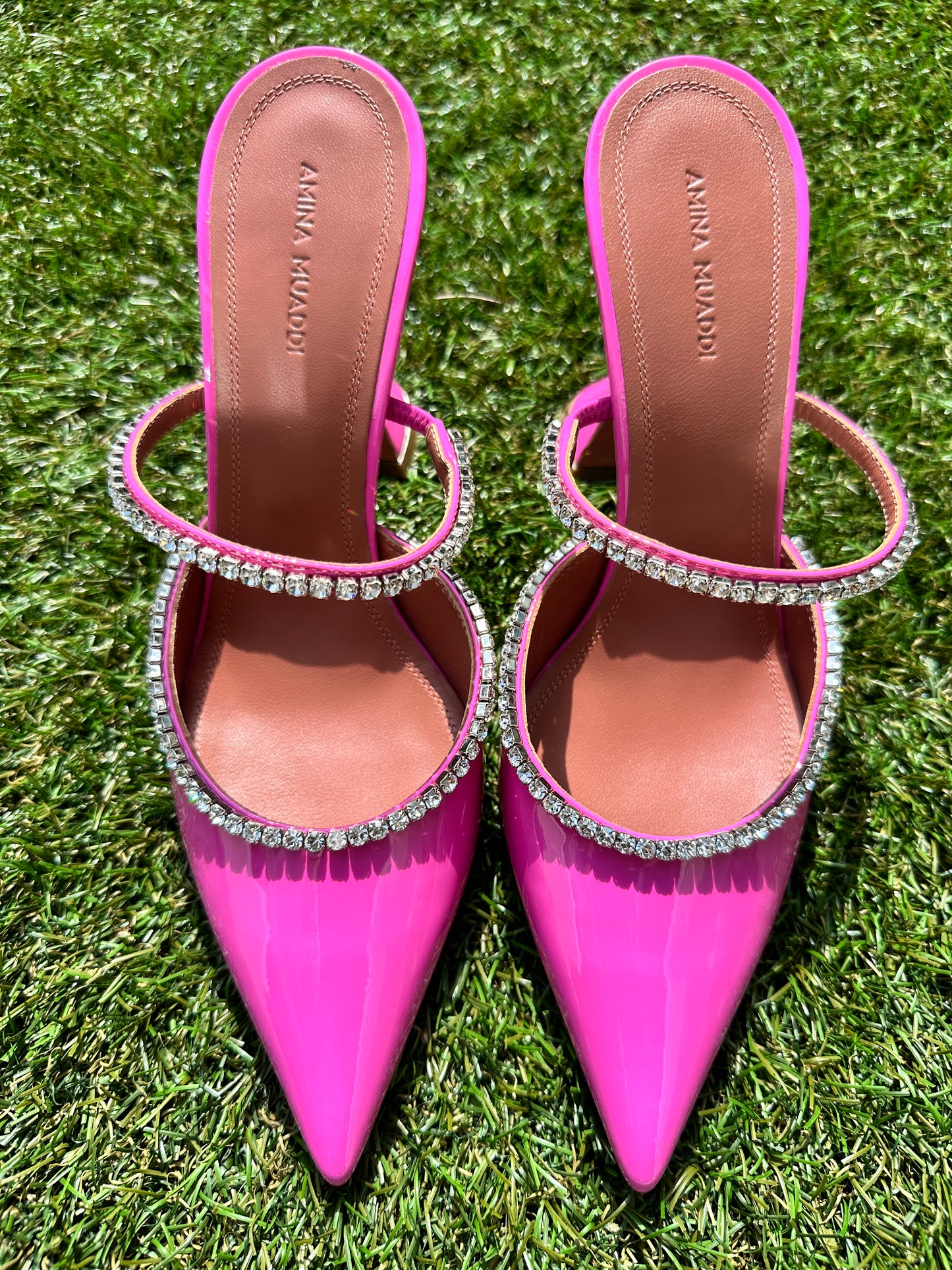 Amina Muaddi Gilda Patent Pink Pointed Toe Crystal Pumps Mules