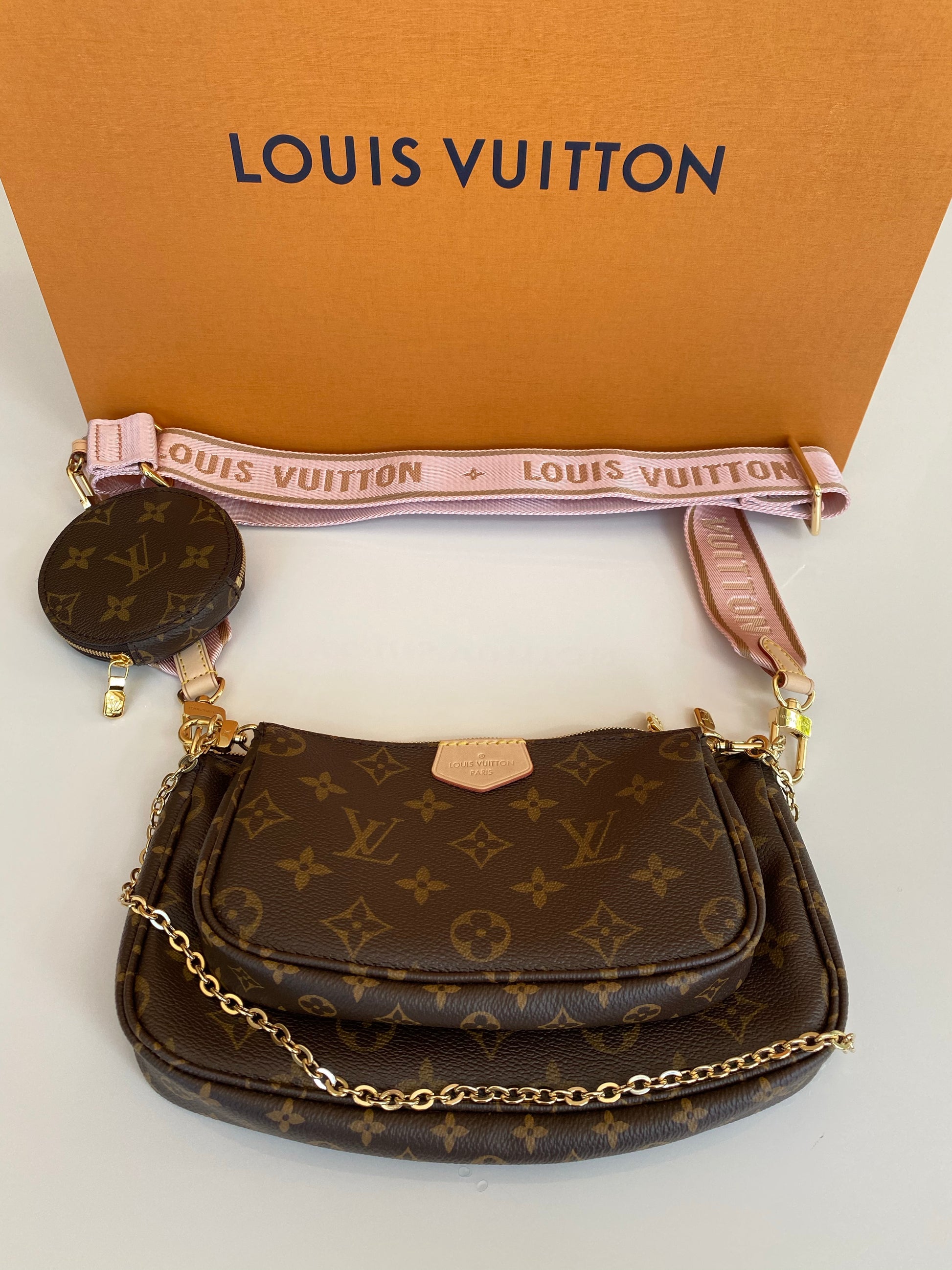 Louis Vuitton Multi Pochette Brown LV Print Rose Pink Green Strap Cros –  Miami Lux Boutique