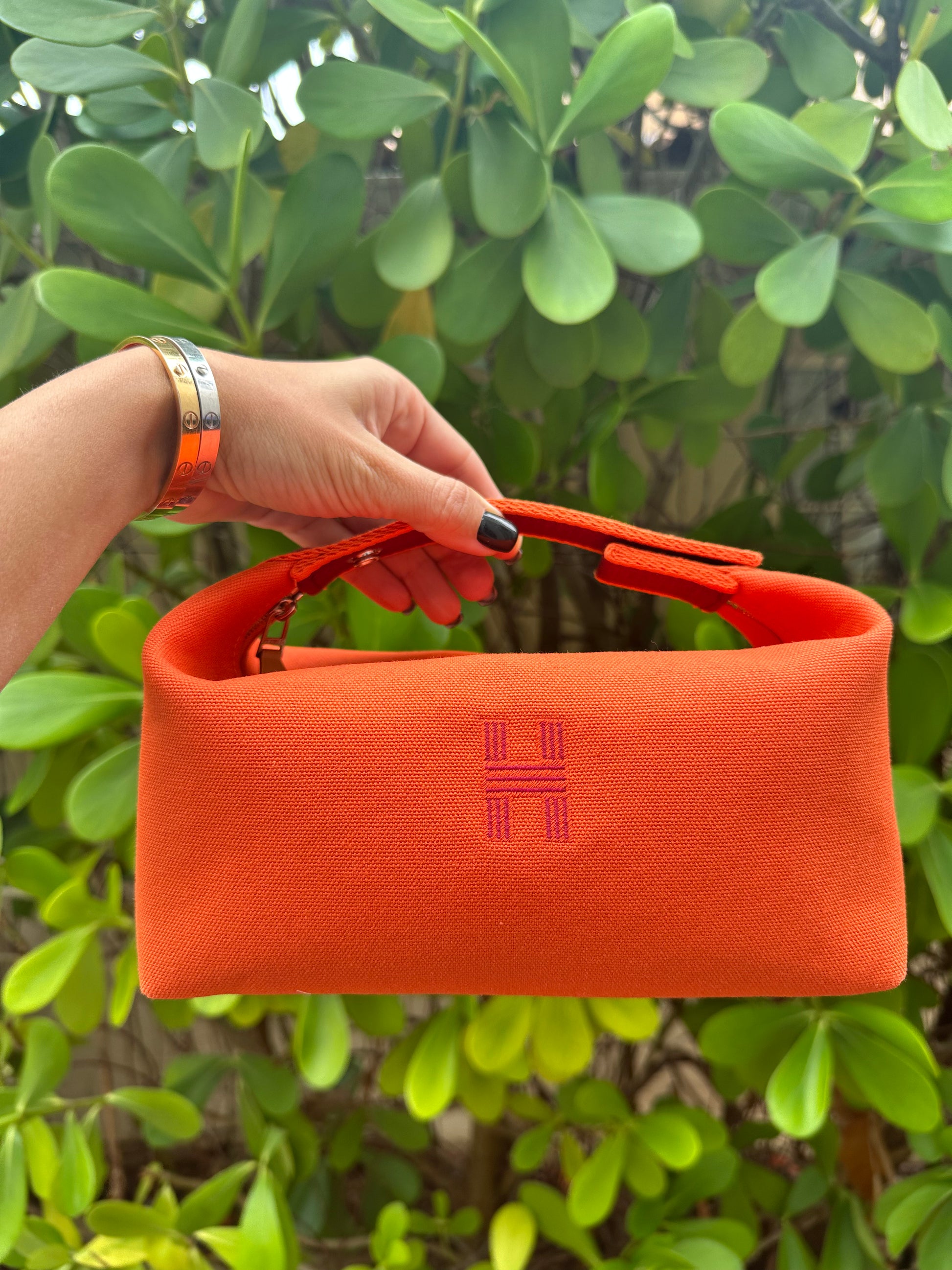 Hermes Bride-A-Brac Case PM Canvas Orange Burgundy Strap Pouch Small M –  Miami Lux Boutique