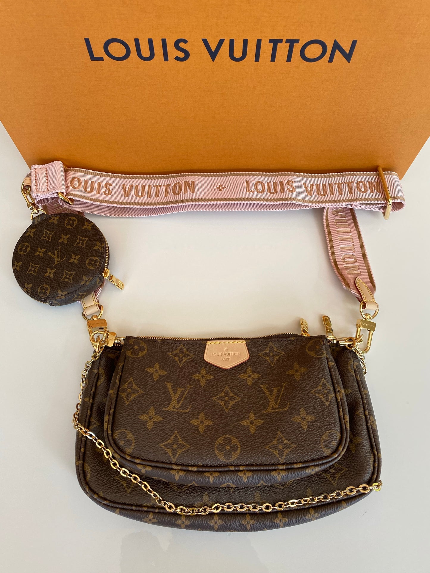 Louis Vuitton Multi Pochette Brown LV Print Rose Pink Green Strap Cross  Body Bag Accessories