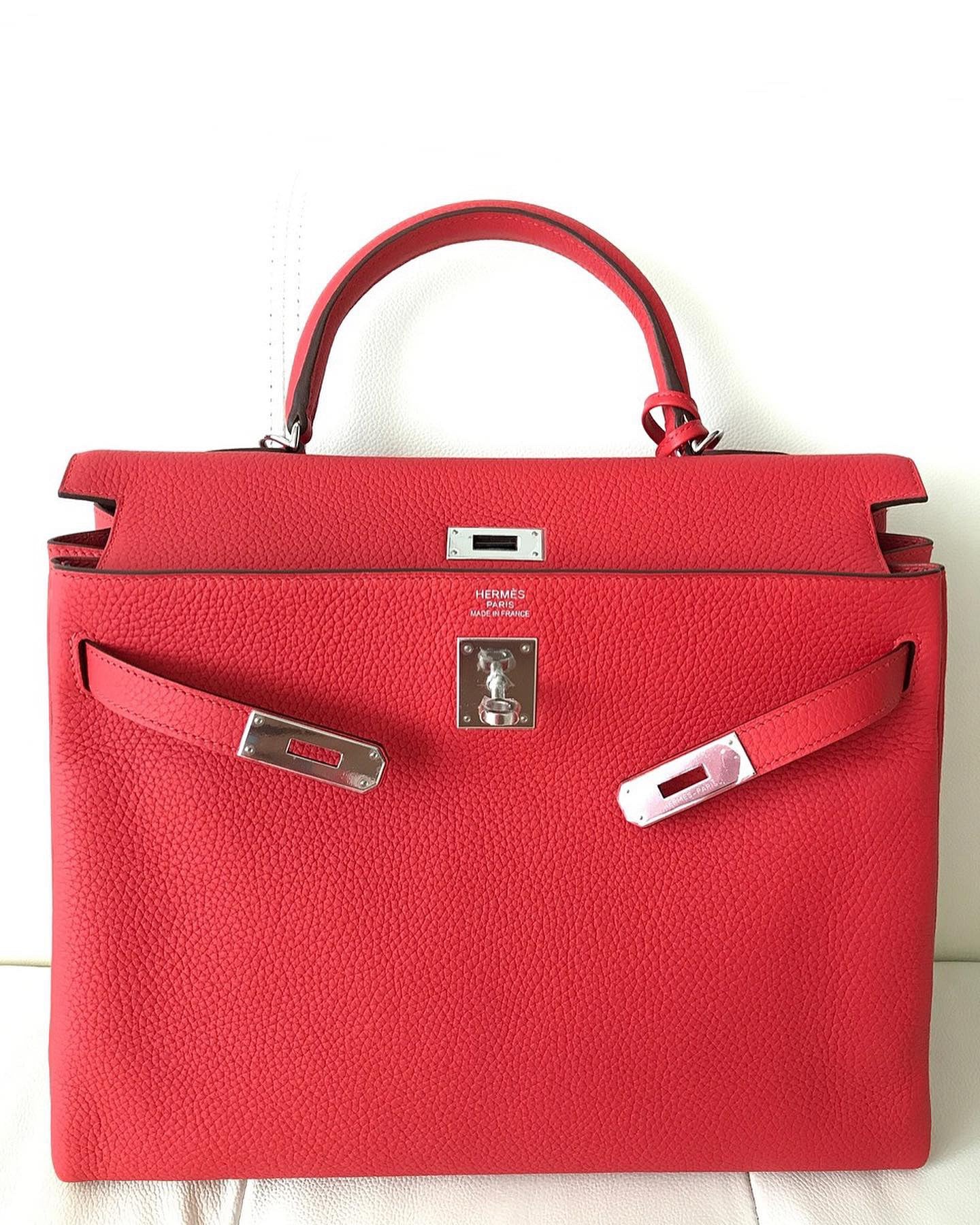 Hermès Kelly 35 RETOURNE Rouge Tomato Palladium Hardware Red Leather Bag New
