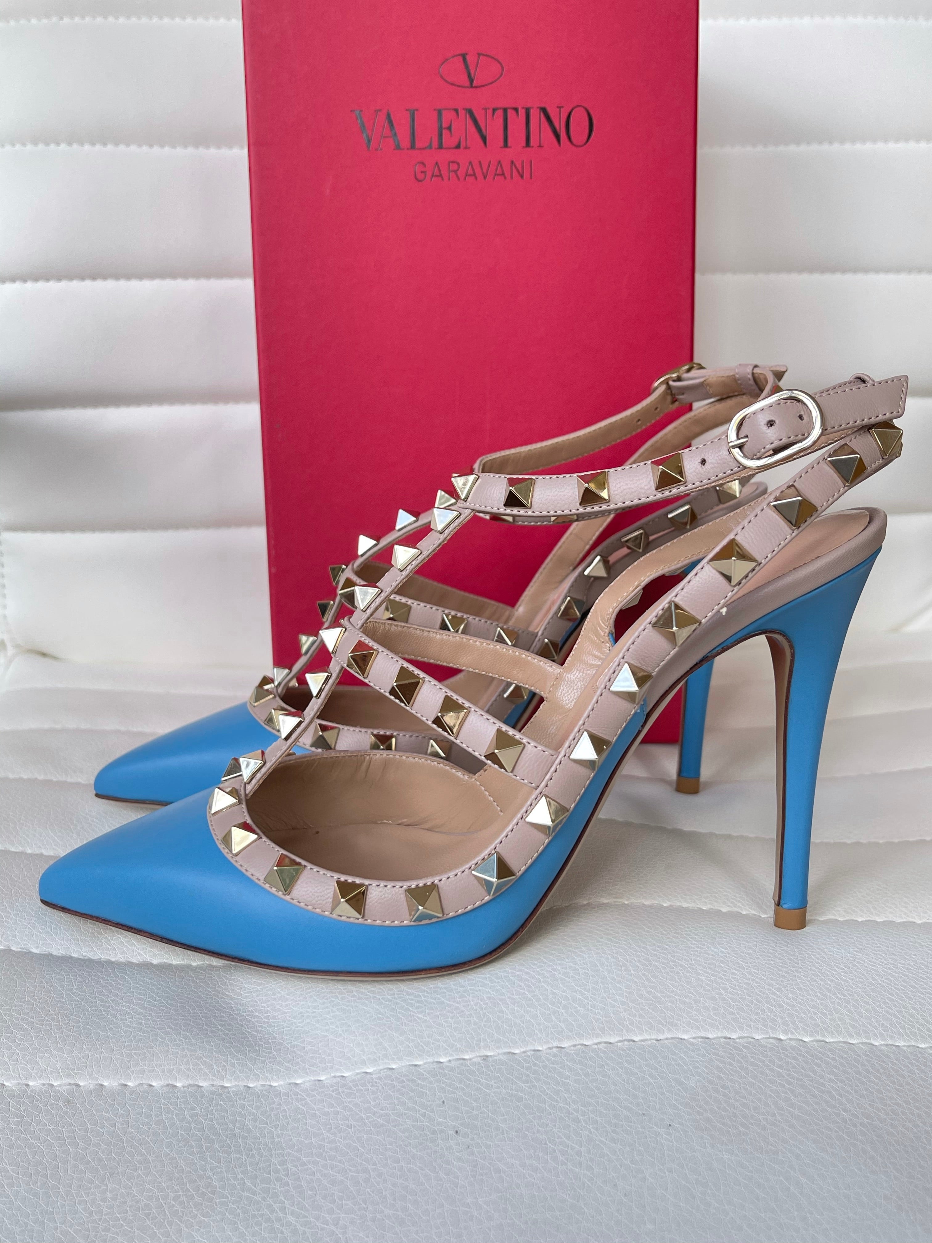 Valentino Garavani Rockstud Rockstuds Studded Ankle Strap Blue Ciel Pu Miami Lux Boutique