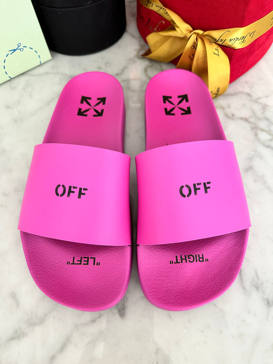 Off-White Pink Magenta Logo Rubber Pool Slides Sandals