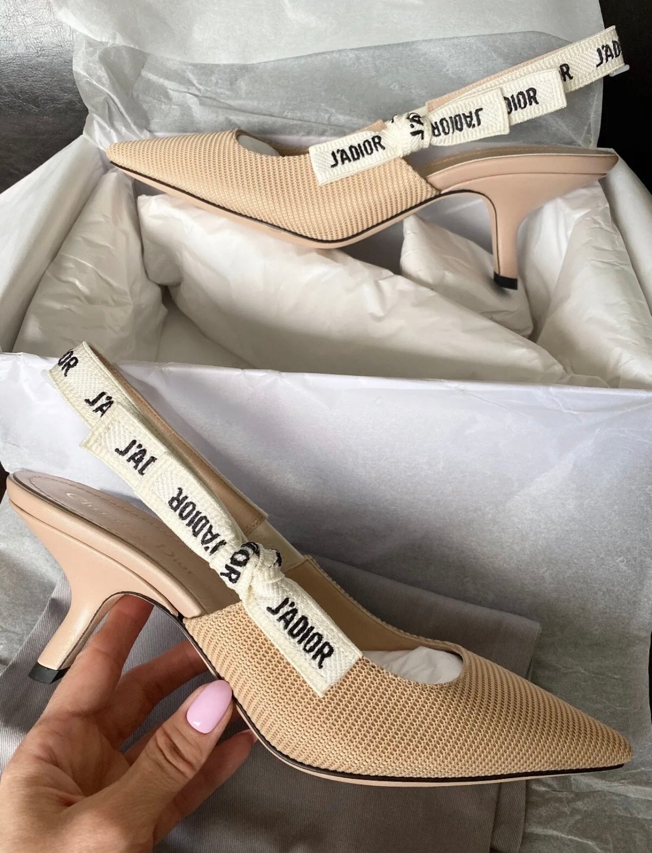 CHRISTIAN DIOR J'ADIOR FABRIC & RIBBON BEIGE KITTEN HEEL SHOES SLINGBACKS